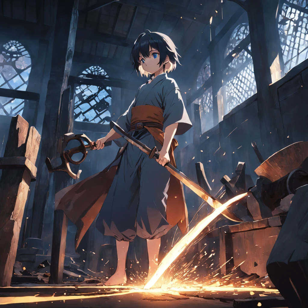 masterpiece, Best quality at best, film still,Imagine a blacksmith's workshop where skilled craftsmen hammer metal pieces into magnificent blades., It symbolizes the formation of one's own destiny.
