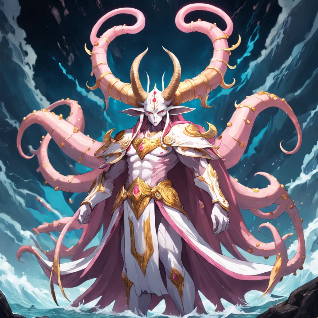 cephalopod, pink tentacles, Chief God of wisdom and war, white flowing cape, eyepatch, golden long horned helm, spear, masterpiece, Best Quality