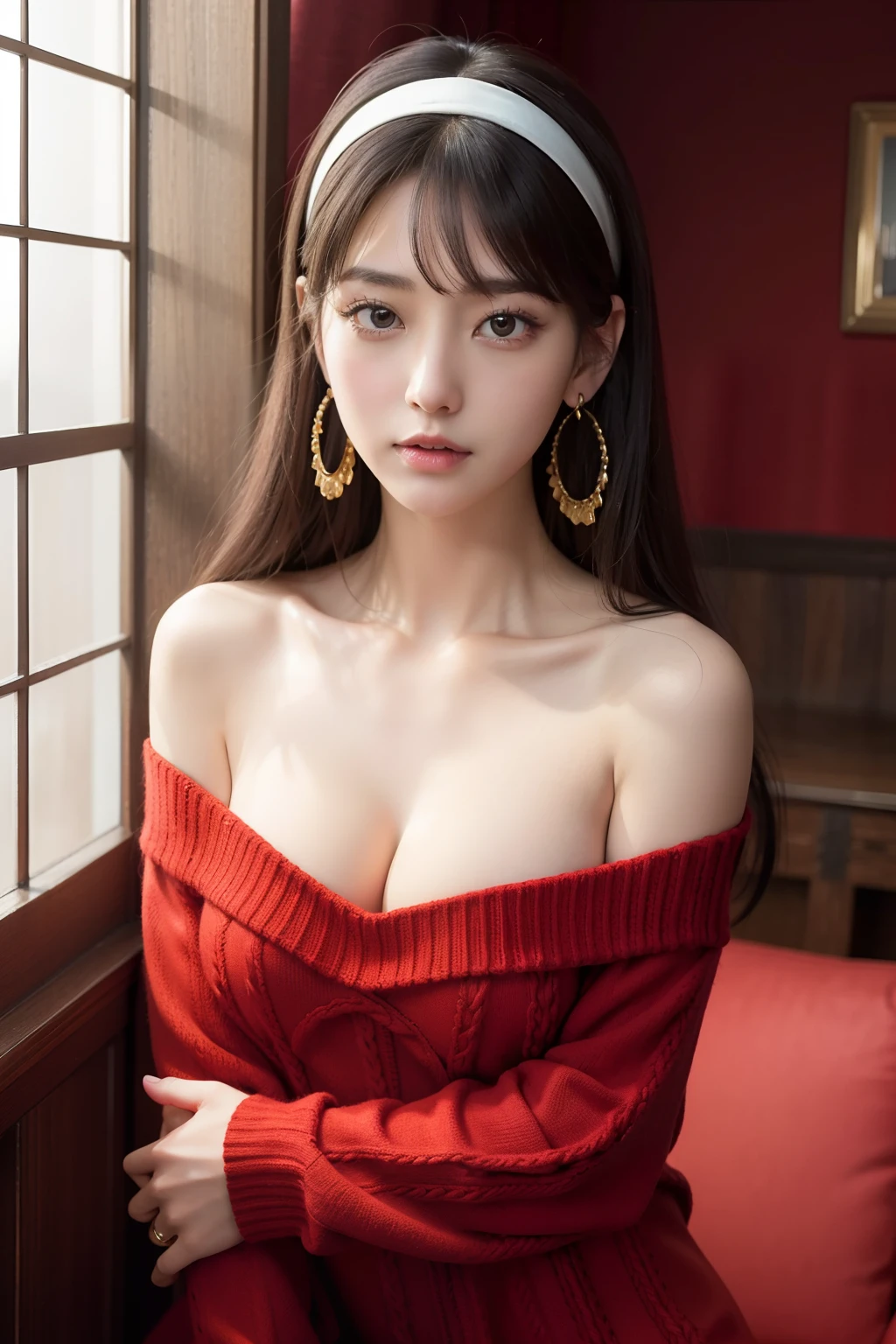 top-quality、masterpiece、Yolfaujer、Japan Anime A dark-haired、Longhaire、White headband sharp eye、big eye、small mouth、Beautiful skin、Adult face off-shoulder knit、Red knitwear、Gold Earrings、Black tights 30-years old、large full breasts、skinny body Adult Pose Background with、window