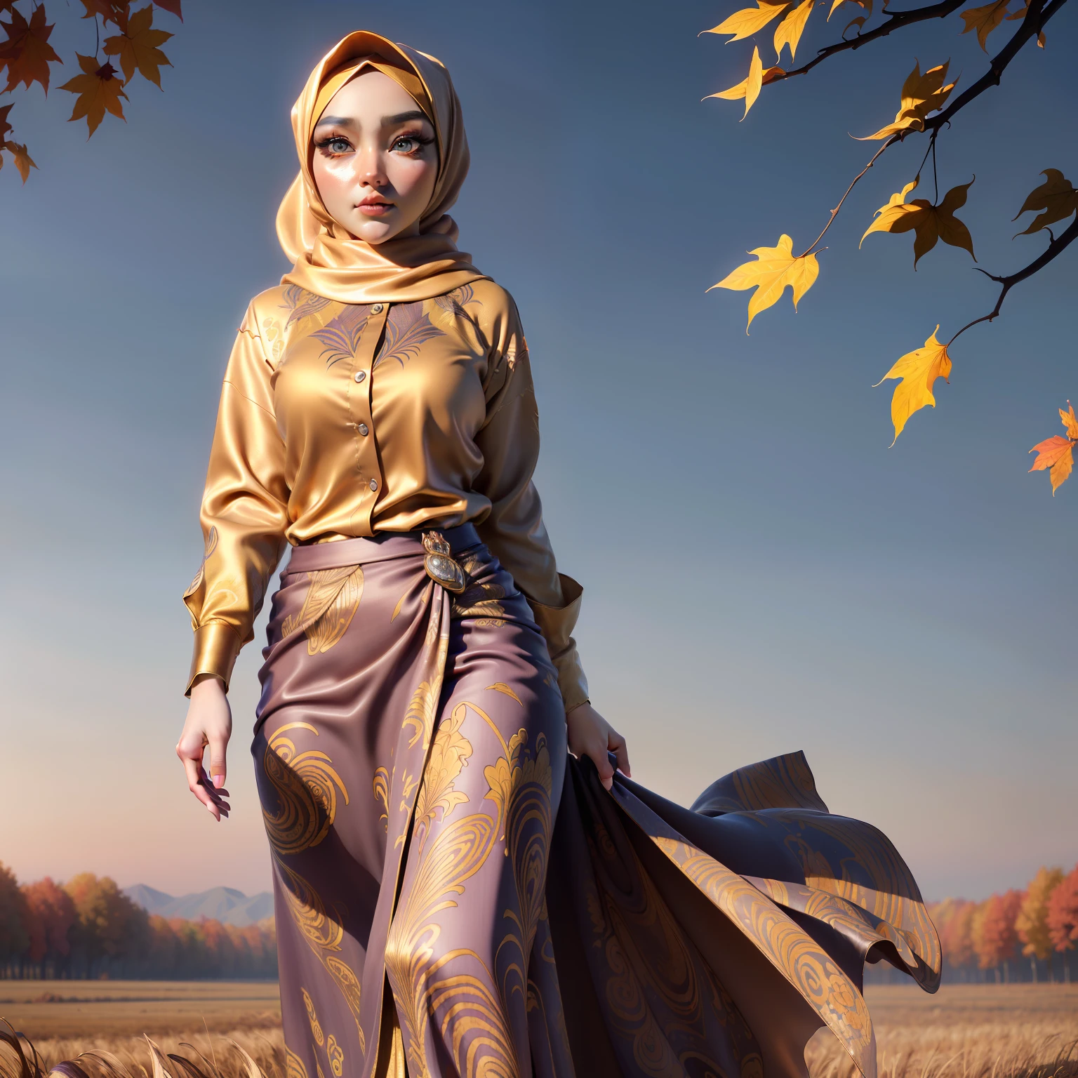 3DMM, ((Masterpiece, best quality, photography, detailed skin, realistic, photo-realistic, 8k, highly detailed, full length frame, High detail RAW color art, diffused soft lighting, shallow depth of field, sharp focus, hyperrealism, cinematic lighting, hijab, a woman in a beautifully makeup, smokey eyeshadow, beautiful big eyes, long eye lashes, wearing (aqua satin hijab), loosely tide hijab style, ((caftans satin shirt)), satin long maxi skirt, standing under the maple forest, The leaves fell into her hands, autumn