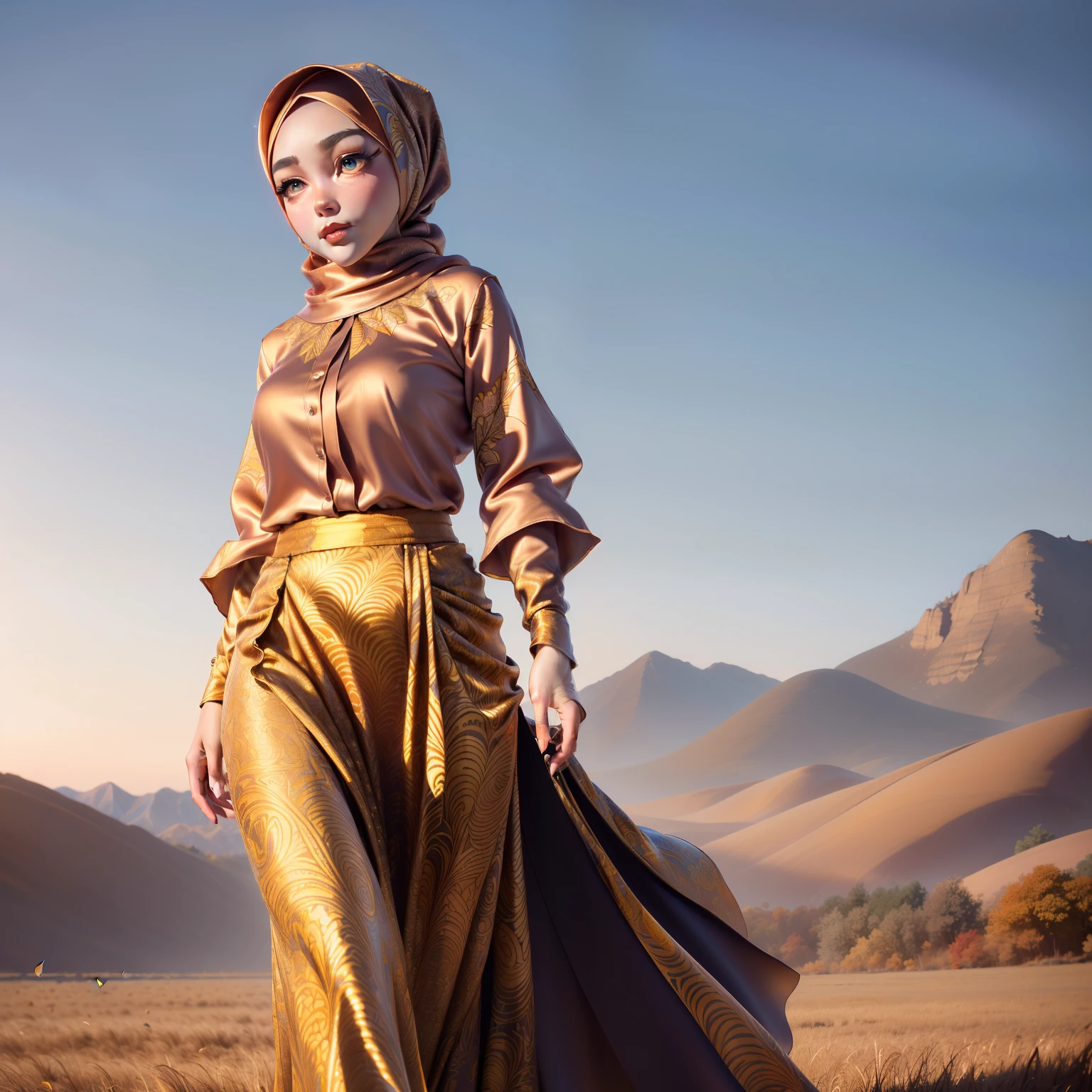 Masterpiece, Best Quality, 3D Rip Artwork, 3DMM Style, Portrait, Realism, a woman beautifully makeup, eyeshadow, Parted Lips, Challenge Eye, beautiful big eyes, long eye lashes, wearing ((gray satin headscarf)), loosely tide hijab style, ((satin teal blue modest)), ((batik satin long maxi skirt)), strolling on a trail, beautiful skyline, large grasslands, extremely tense and dramatic pictures, moving visual effects, the high-hanging Polaris, and colorful natural light
