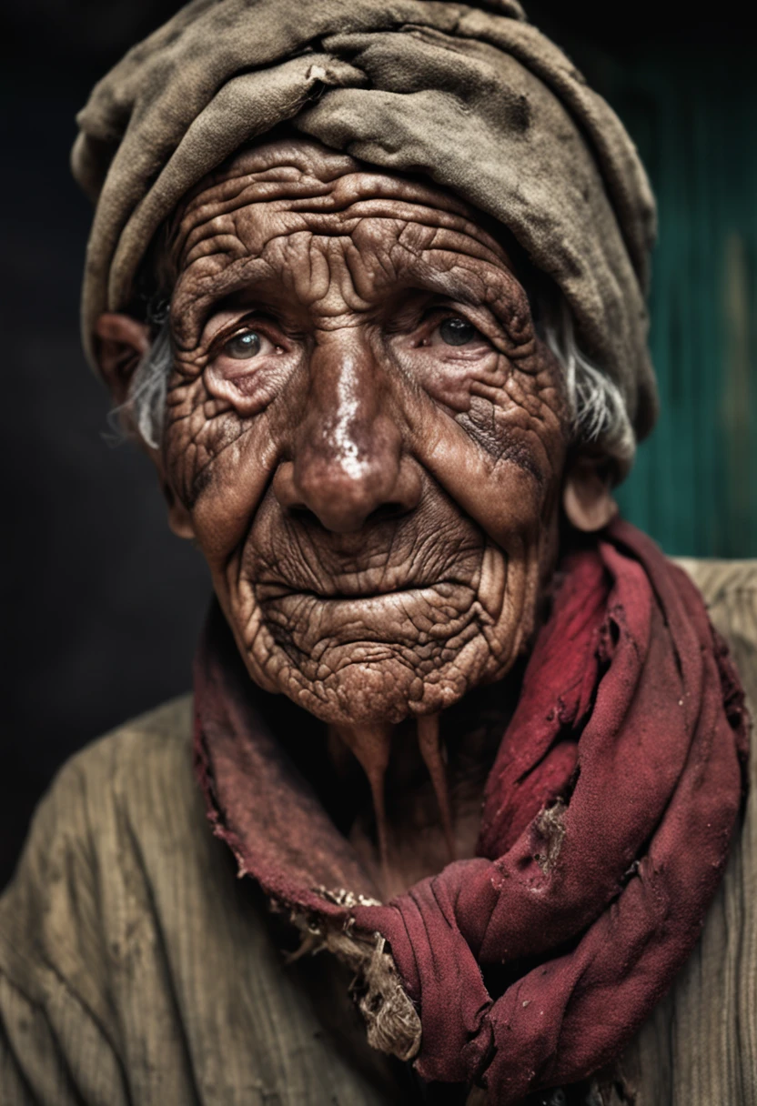 foto de retrato de glamour (de cima:0.5) of a poor old worker in rags with overwhelming fatigue and old wrinkles with rough skin pores, fotorrealista, Cores Moody, tema escuro, altamente detalhado, skin pores, Poros, manchas na pele, rough skin, ray tracing, Subsurface scattering, cabelos brancos, foco facial, foco nítido, Olhos detalhados, com profunda tristeza