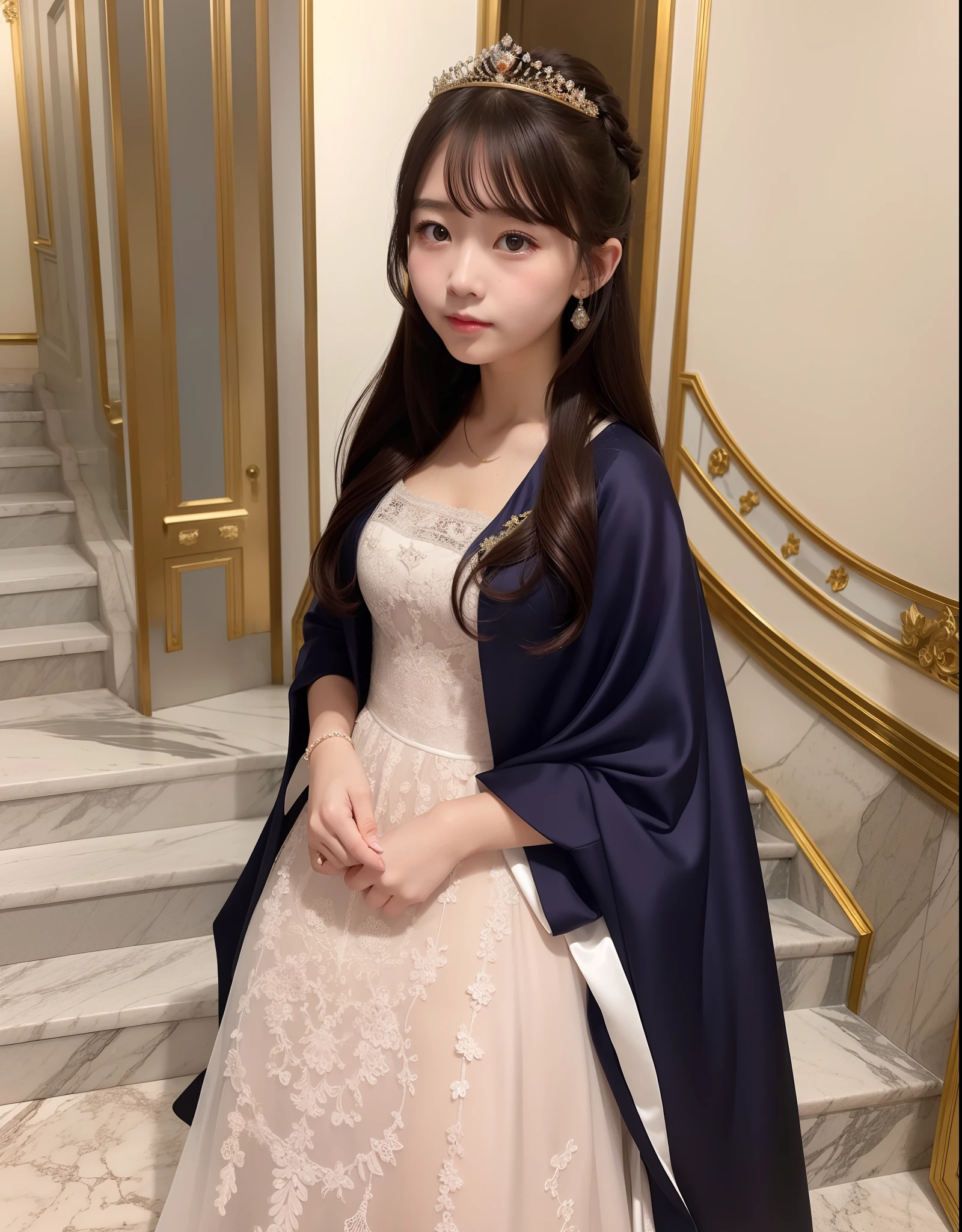Beautiful little princess is wearing a dress, Stand on the marble staircase at the entrance to the palace, Gaze at flying dragons in the distant sky.huge tit