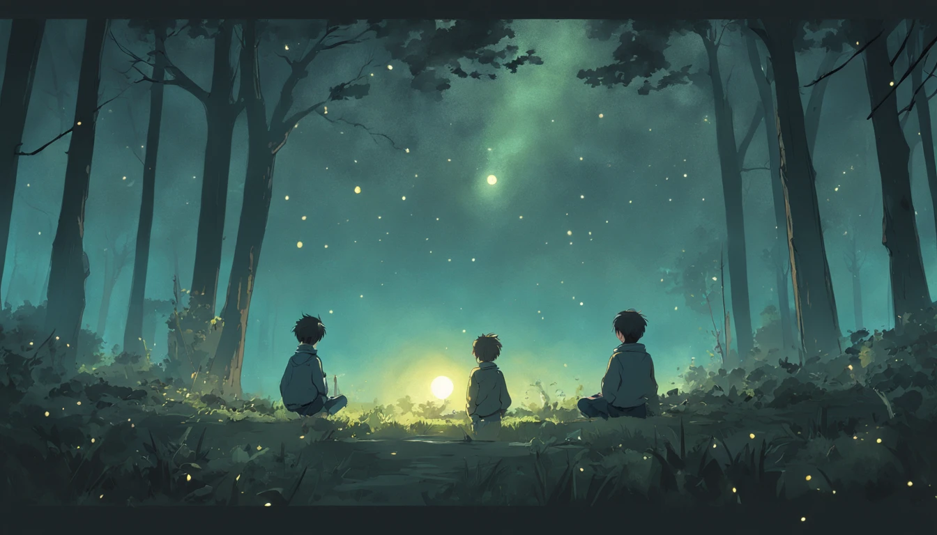 Extremely realistic picture of boys in a forest watching the moon illuminating the night