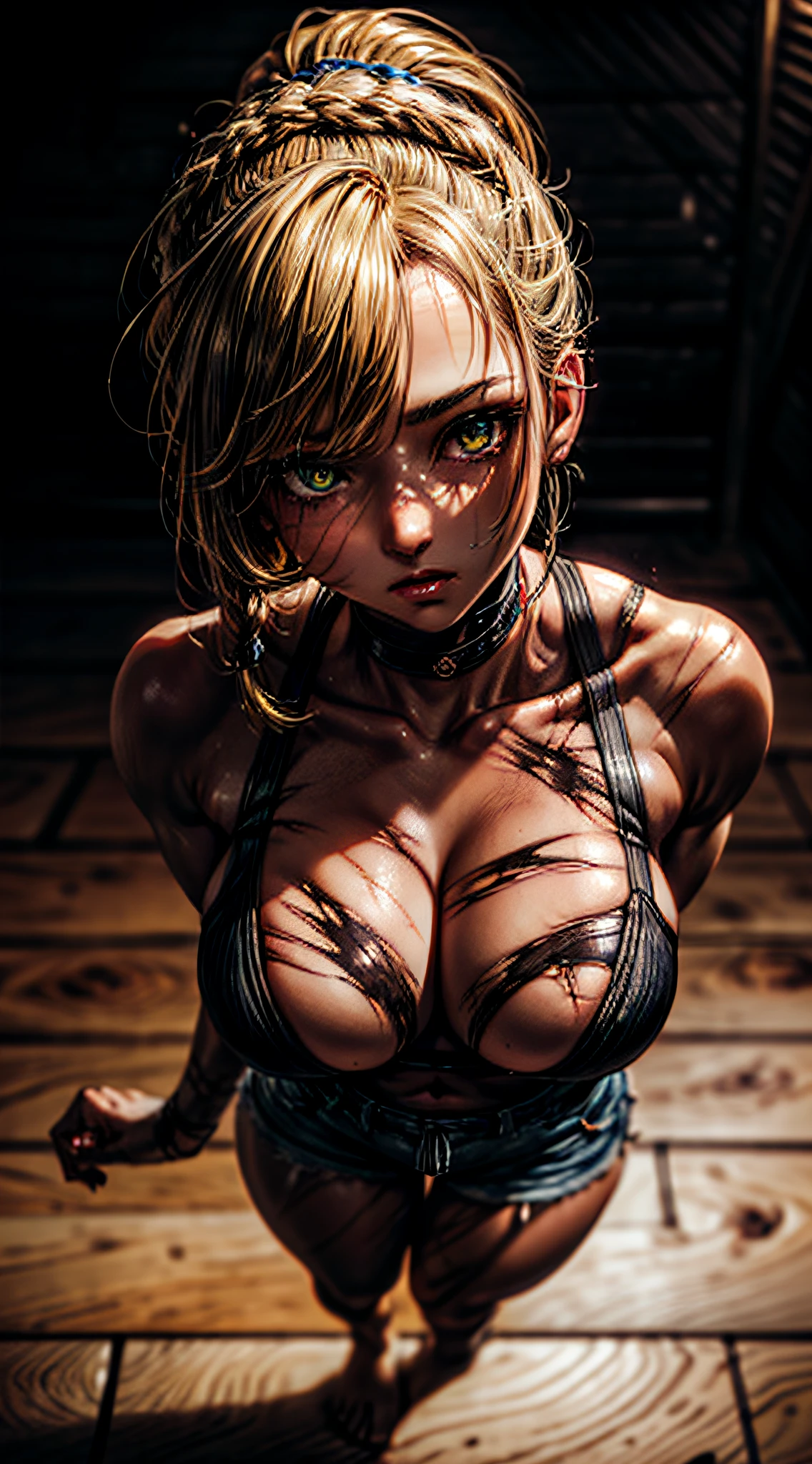 1girl, beautiful face, ((perfect eyes, beautiful eyes, light yellow eyes)), perfect body, well distributed body, thin waist, big breasts, big ass, thick thighs, well defined thighs, athletic body, defined body, ( (dark skin)), skin texture, shiny, sweaty skin, (((multiple scars all over her body))), long braided hair, shiny blonde hair, expired character in a female fighter. Wearing tight micro shorts, export shirt, barefoot, perfect hands. Character in doing a dynamic karate pose. Background an academy of fighters extremely detailed with rich details. Prepare to be amazed by the astonishing level of detail in this ultra-realistic 10k high resolution artwork, where the fusion of Digital Painting, Anime Art, (masterpiece: 1.5) (photorealistic: 1.1) (bokeh) (best quality) (detailed skin texture pores hair: 1.1) (intricate) (8k) (HDR) (wallpaper) (cinematic lighting) (sharp focus )