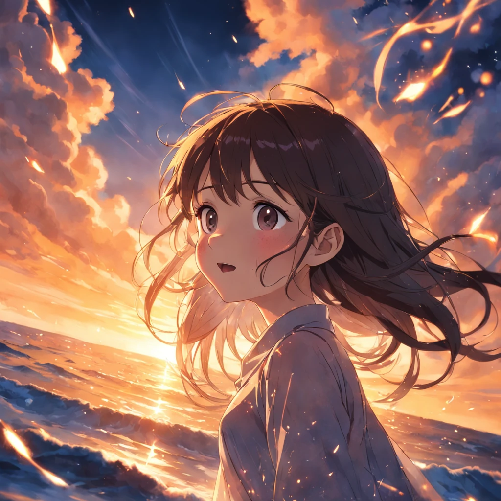 (obra-prima, excelente qualidade, filme ainda, 1garota), garota nuvem, floating into the sky, close-up, brilhante, feliz, Soft lighting and Warm, sun sunset, (Sparks: 0,7)
