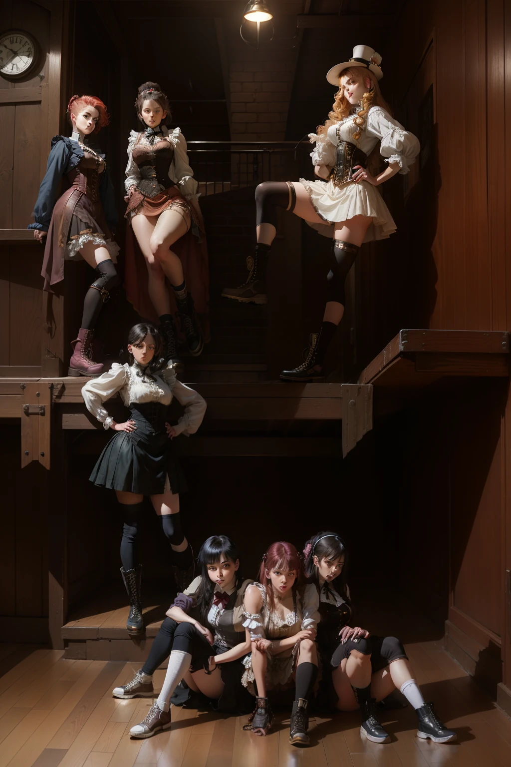 steampunk girls, doc martins old school high-top white basketball shoes dark fantasy 90s anime Victorian steampunk hardwood floors background