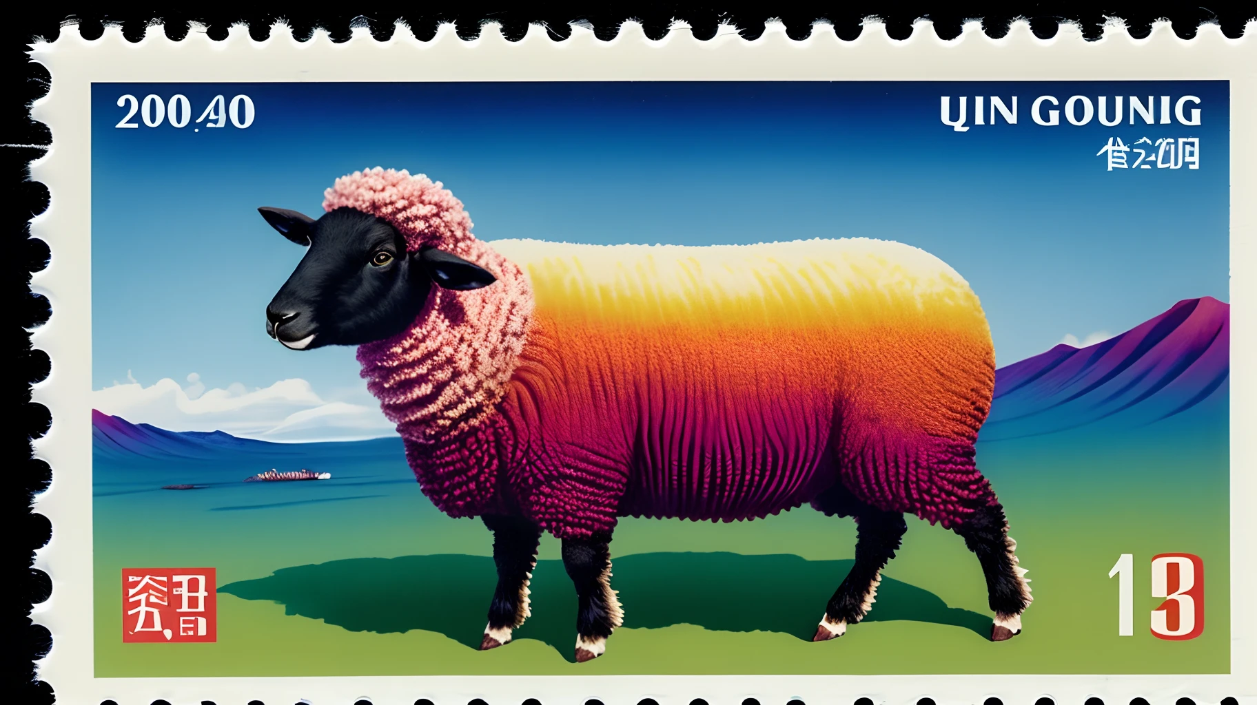 A Vietnamese stamp depicts a sheep, Psychedelic surrealist style, Qing dynasty, photo taken with ektachrome, Indigo and green, Japanese folk art, Bamileek Art, Otherworldly creatures