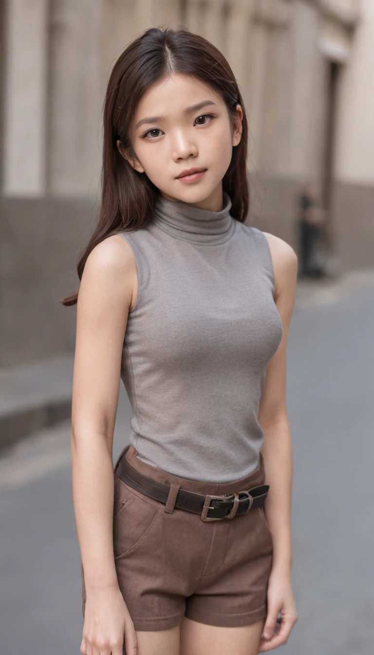 An Asian youth brunette boy,The body is slightly chubby,Wear a gray turtleneck shoulder vest,The pectoral muscles loom under the clothes,The arms are thick and have a bit of muscle lines,Wear a pair of brown-yellow shorts with a black belt,and a pair of black leather sandals,Stand next to the city road,Look down at your phone