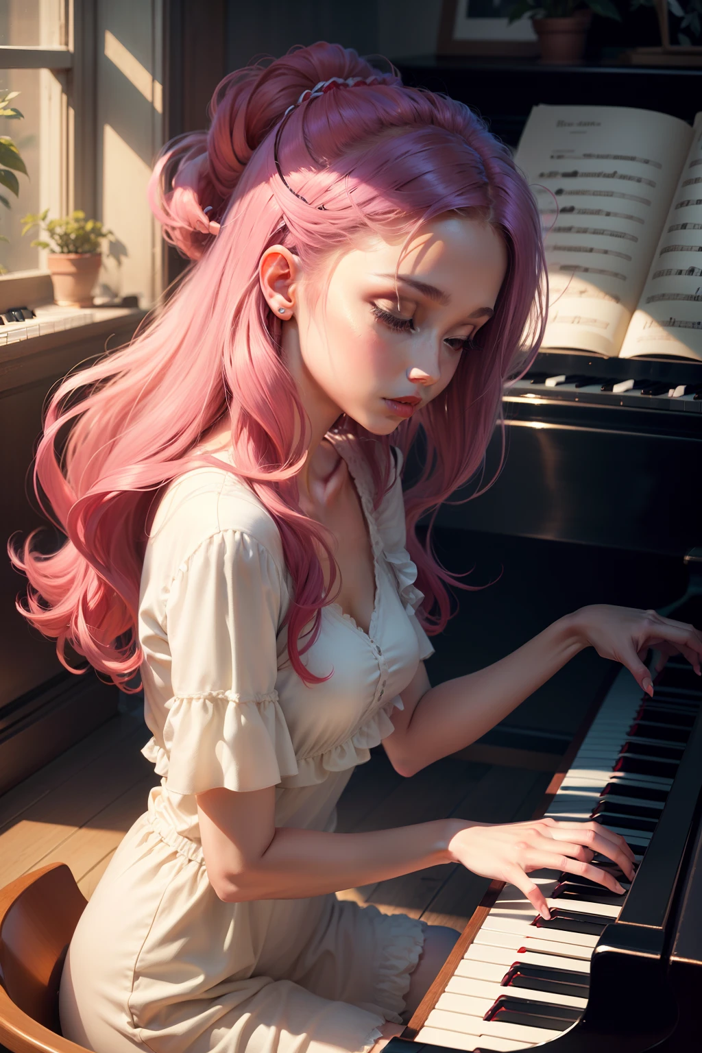 Anno　Playing the piano keys　Hit the key　girl with　Hair long　Lashes　colourfull　Active　pop music　Music　Artistically　art by　colourfull　natural soft light　Steinway Piano　music