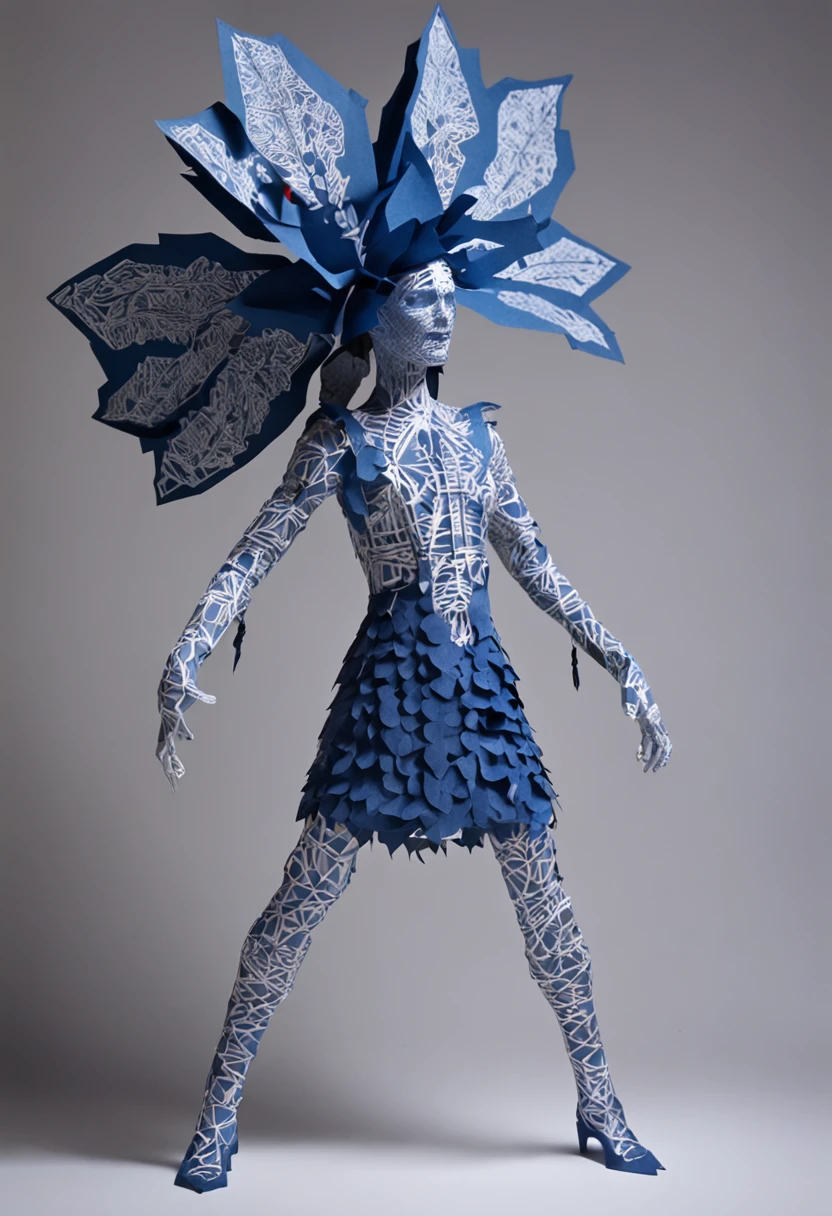 Paper Deadly nightshade woman made of paper, Mini, Huge creatures, Paper Craft Art,Cold Deep Blue, Strong, "Ballets Russes", Jan Švankmajer, 16 K, Full body display, masterpice, Volumetric lighting,Enemy characters in the game