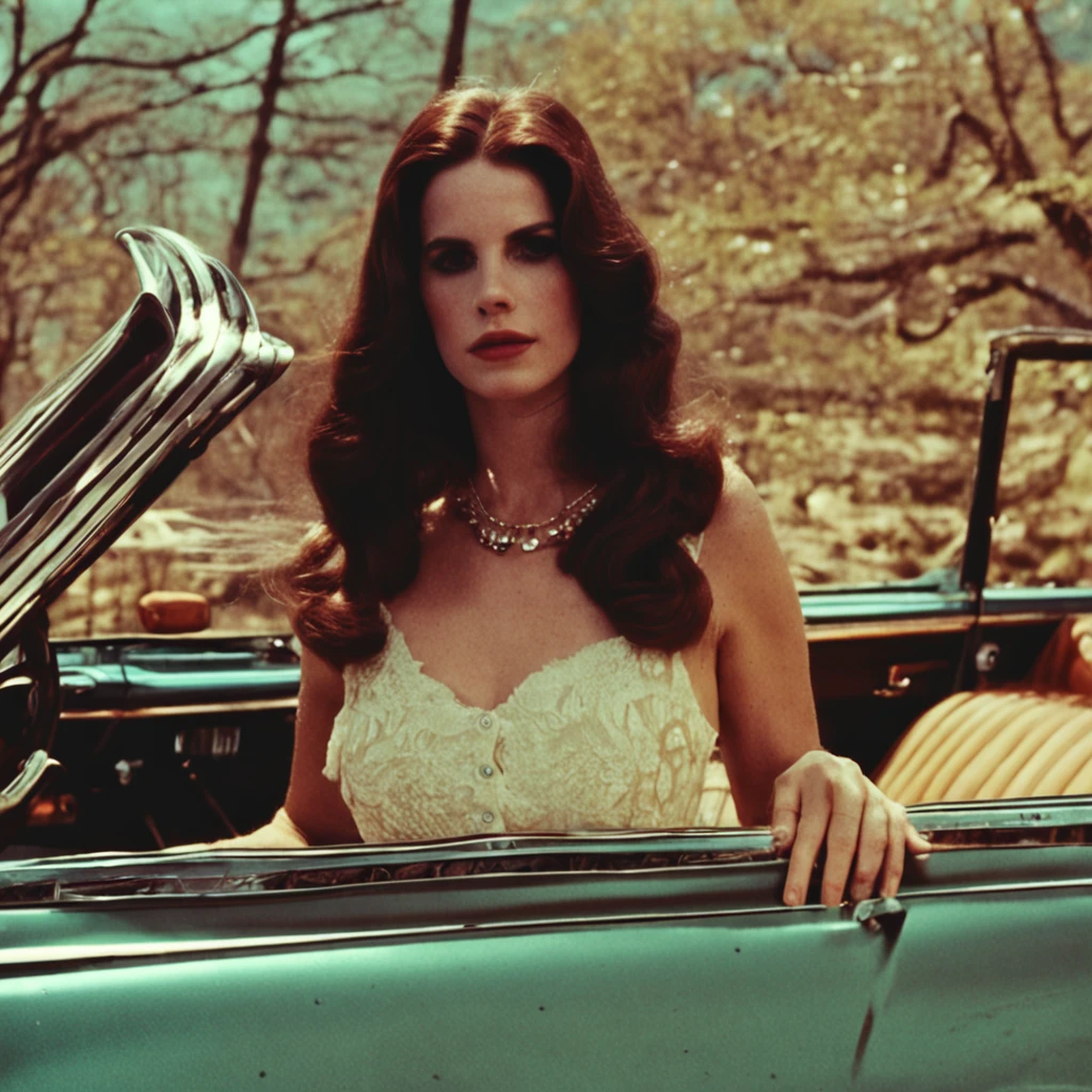 (Lana Del Rey, music icon, Vibes vintage, atmosfera de sonho, melancholic mood, retro aesthetics)