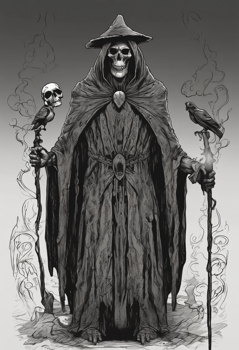 Crie um desenho aterrorizante de um bruxo bruxo. This wizard is a being of darkness, his face is skeletal, com olhos afundados e sem pupila, apenas uma chama ardente. Their skin is stretched like parchment and covered in mysterious runes that seem to move. on the headpiece, He wears a wide-brimmed hat, cujas sombras escondem seu rosto, e pingando dele pingando com cera derretida, as if the hat were a lit candle. His torn black cloak seems to be made of living shadows that stretch to infinity. The wizard holds a twisted staff with a human skull at the end, e um escuro, viscous substance oozes from the skull. Around it is a circle of candles that burn in green flames and exude a sulfurous smell. The background is dark and full of sinister shadows.