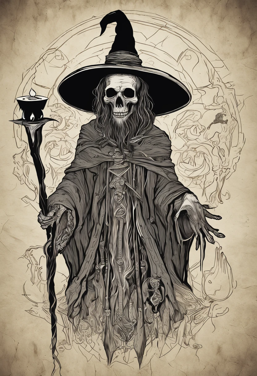 Crie um desenho aterrorizante de um bruxo bruxo. This wizard is a being of darkness, his face is skeletal, com olhos afundados e sem pupila, apenas uma chama ardente. Their skin is stretched like parchment and covered in mysterious runes that seem to move. on the headpiece, He wears a wide-brimmed hat, cujas sombras escondem seu rosto, e pingando dele pingando com cera derretida, as if the hat were a lit candle. His torn black cloak seems to be made of living shadows that stretch to infinity. The wizard holds a twisted staff with a human skull at the end, e um escuro, viscous substance oozes from the skull. Around it is a circle of candles that burn in green flames and exude a sulfurous smell. The background is dark and full of sinister shadows.
