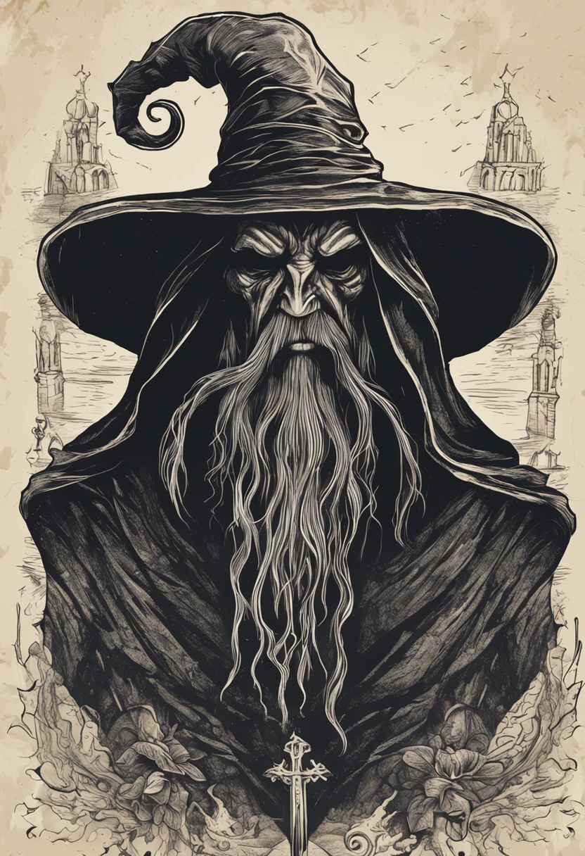 Crie um desenho aterrorizante de um bruxo bruxo. This wizard is a being of darkness, his face is skeletal, com olhos afundados e sem pupila, apenas uma chama ardente. Their skin is stretched like parchment and covered in mysterious runes that seem to move. on the headpiece, He wears a wide-brimmed hat, cujas sombras escondem seu rosto, e pingando dele pingando com cera derretida, as if the hat were a lit candle. His torn black cloak seems to be made of living shadows that stretch to infinity. The wizard holds a twisted staff with a human skull at the end, e um escuro, viscous substance oozes from the skull. Around it is a circle of candles that burn in green flames and exude a sulfurous smell. The background is dark and full of sinister shadows.