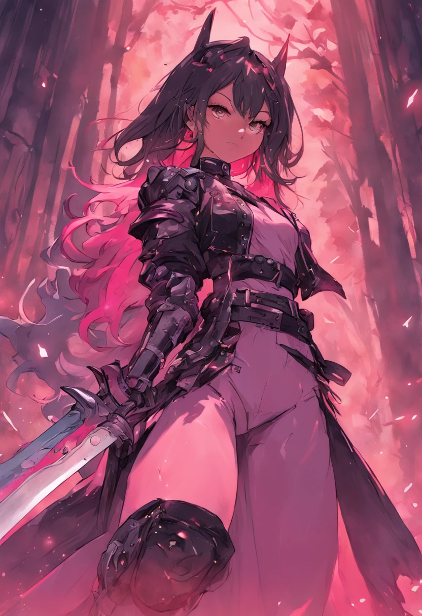 menina da pele marrom. Sua figura, peituda, Curvy, proper steering, orelhas de coelho, rabo de gato, Cor do cabelo Magenta, olhos magenta escuros, Brown skin, with sword in hand, grande pano esfarrapado como capa enrolada na cintura, armadura peitoral, manopla, camisa preta de manga comprida sob a armadura, armadura peitoral, Capuz, Espada devidamente desenhada, magic sword, pano enrolado na cintura, Sword properly drawn in hand, orelhas de coelho, Pintura digital da cauda do gato, digital illustation, Detalhe extremo, arte digital, armadura do cavaleiro, Baggy Puffy Pants, metal boots, totalmente blindado. pano enrolado na cintura. segurar uma espada. baggy pants.