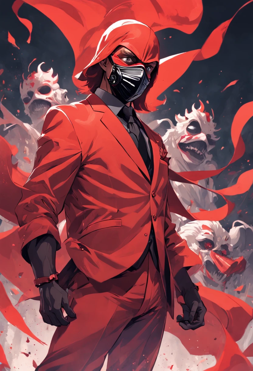 "Por favor, create an image of the anti-hero 'Red Flag'. He is a unique and eccentric character, known for his crazy and unpredictable personality. He wears a vibrant red suit and wears a mask that completely covers his face, adding an air of mystery and anonymity. It has a red flag with abstract patterns of vibrant colors as a symbol, which reflects its chaotic nature. His special ability is the ability to create anything he can imagine, alterando a realidade ao seu redor. tem a capacidade de trazer objetos, creatures and scenarios for life from your creative mind. His fun and eccentric personality is reflected in his appearance and demeanor. He's a mix of archetypes, sendo principalmente o 'Louco' e o 'Bruxo' , with a unique approach to justice, often bringing a dose of humor to the most serious situations."
