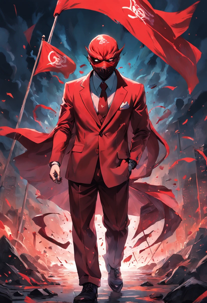 "Por favor, create an image of the anti-hero 'Red Flag'. He is a unique and eccentric character, known for his crazy and unpredictable personality. He wears a vibrant red suit and wears a mask that completely covers his face, adding an air of mystery and anonymity. It has a red flag with abstract patterns of vibrant colors as a symbol, which reflects its chaotic nature. His special ability is the ability to create anything he can imagine, alterando a realidade ao seu redor. tem a capacidade de trazer objetos, creatures and scenarios for life from your creative mind. His fun and eccentric personality is reflected in his appearance and demeanor. He's a mix of archetypes, sendo principalmente o 'Louco' e o 'Bruxo' , with a unique approach to justice, often bringing a dose of humor to the most serious situations."