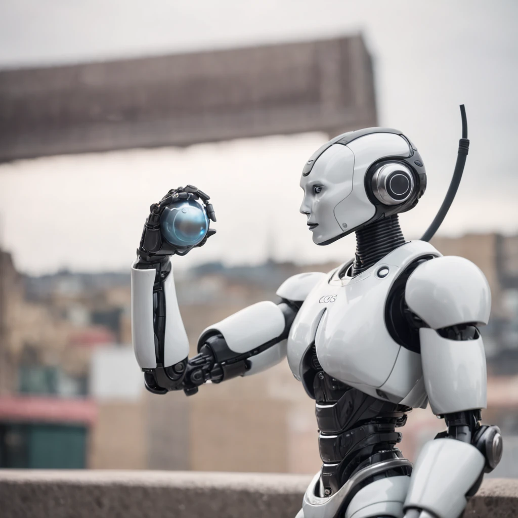A robot in a futuristic city holding a kettlebell
