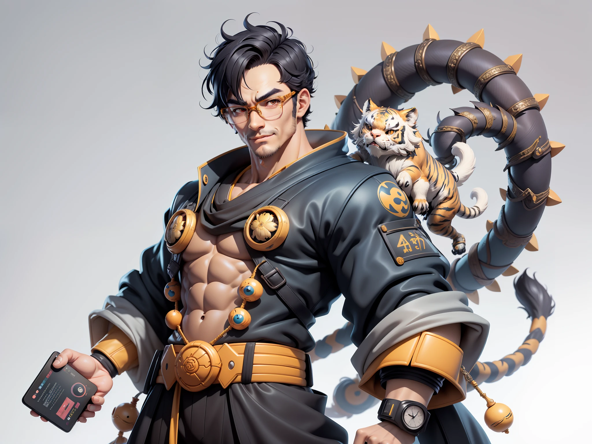 (Masterpiece), (Excellent), (Super Meticulous), (Full Body: 1.2), Super Young Man with Japanese Female Geisha, Pretty, Beautiful, Chinese Dragon, Tiger, Wind God Thor, Sexy, Bursting, Oriental Face, TV Anchor, Bust Portrait Illustration, Black Suit, Blue Tie, Slightly Chubby Face, Silver Glasses, Very Clean Face, No Beard on Chin, Black Super Short Hair, Black Eyes, Confident Smile, 3c Computer Sub-Products, iPad, iPhone, Digital Painting, 3D character design by Mark Clairedon and Pixar and Hayao Miyazaki and Akira Toriyama, the illustrations are HD illustrations in 4K resolution with highly detailed facial features and cartoon-style visuals.