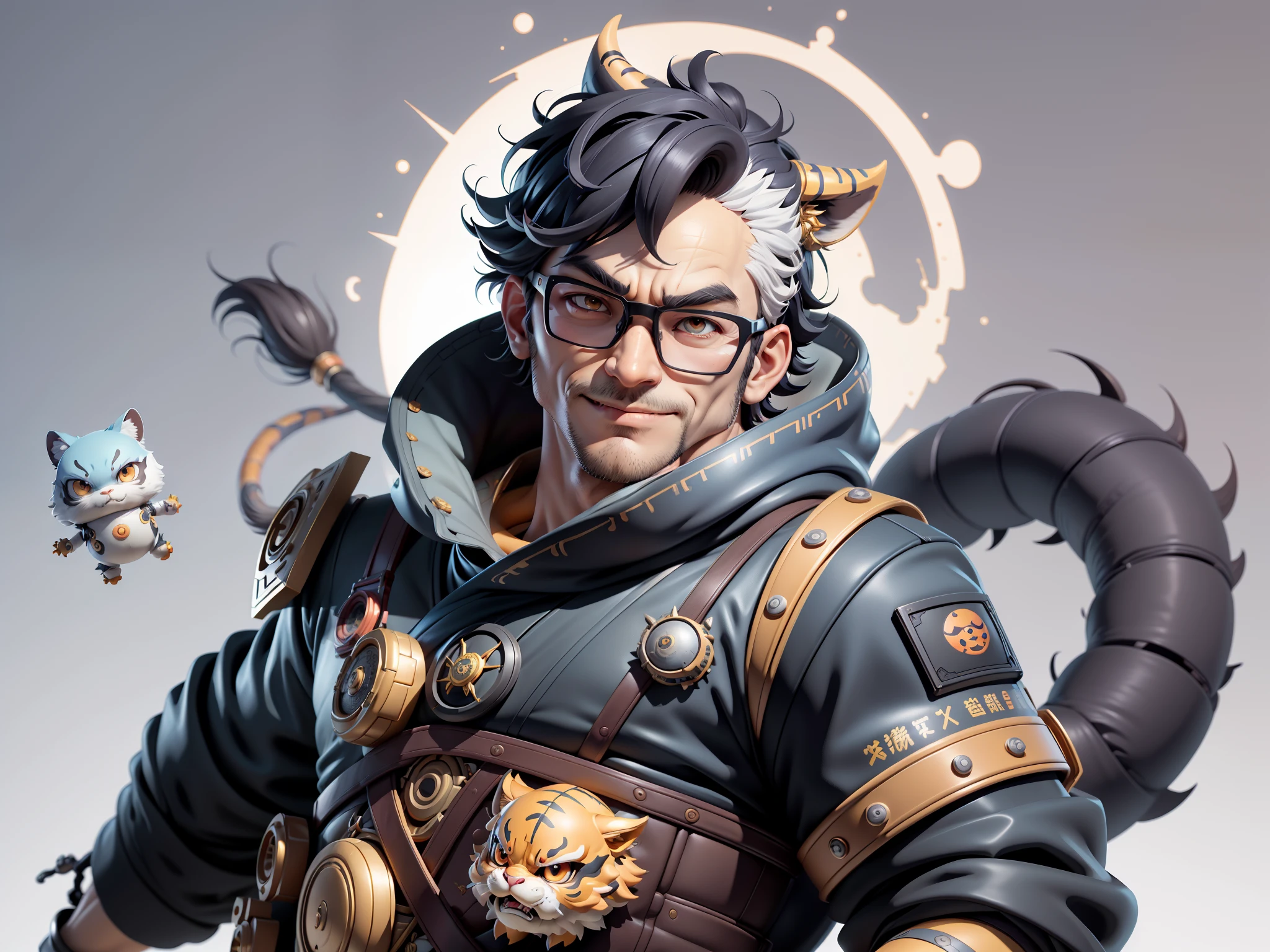 (Masterpiece), (Excellent), (Super Meticulous), (Full Body: 1.2), Super Young Man with Japanese Female Geisha, Pretty, Beautiful, Chinese Dragon, Tiger, Wind God Thor, Sexy, Bursting, Oriental Face, TV Anchor, Bust Portrait Illustration, Black Suit, Blue Tie, Slightly Chubby Face, Silver Glasses, Very Clean Face, No Beard on Chin, Black Super Short Hair, Black Eyes, Confident Smile, 3c Computer Sub-Products, iPad, iPhone, Digital Painting, 3D character design by Mark Clairedon and Pixar and Hayao Miyazaki and Akira Toriyama, the illustrations are HD illustrations in 4K resolution with highly detailed facial features and cartoon-style visuals.