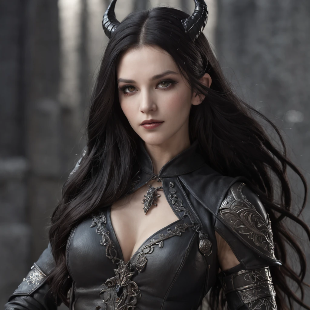 A dark female tieflin, Evil eyes, Wearing leather black armor, Dark silver, Pale and dark skin, Bright eyes, Intricate horns, Black hair flowing, Long hair, Black silk beautiful feet, medieval fantasy,