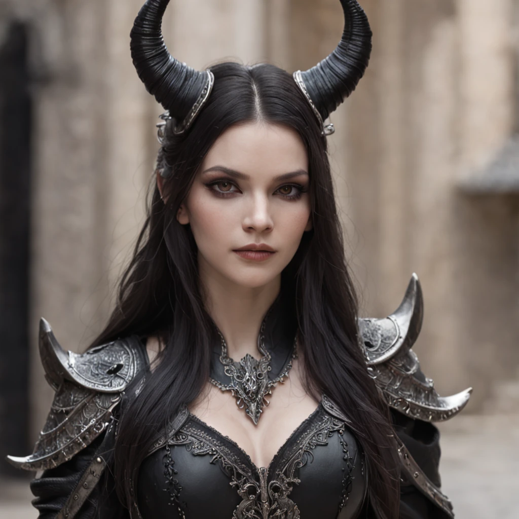 A dark female tieflin, Evil eyes, Wearing leather black armor, Dark silver, Pale and dark skin, Bright eyes, Intricate horns, Black hair flowing, Long hair, Black silk beautiful feet, medieval fantasy,