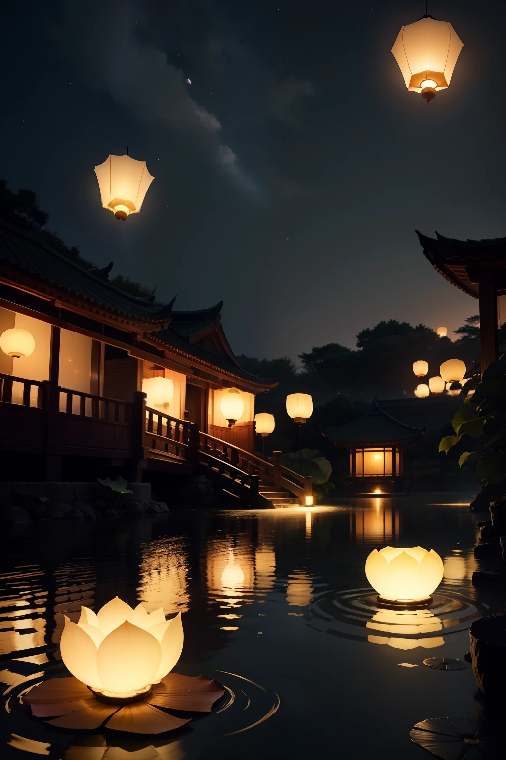 "Night falls,Starlight twinkles,Kong Ming lanterns float in the night sky,The water surface reflects the brilliant lotus lights。The light and shadow are soft,Cosy night view。"