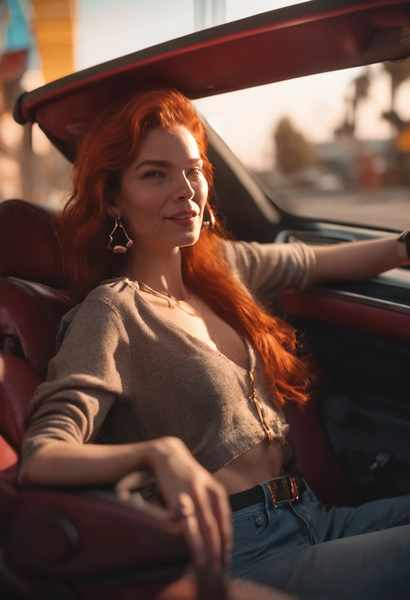8k, RAW photo, portrait, best quality, ultra high res, photorealistic,
1girl, full body, thigh, red hair, earrings, necklace, car, grin, eyelashes,beauty breast, spread legs,cinematic lighting, depth of field, lens flare,