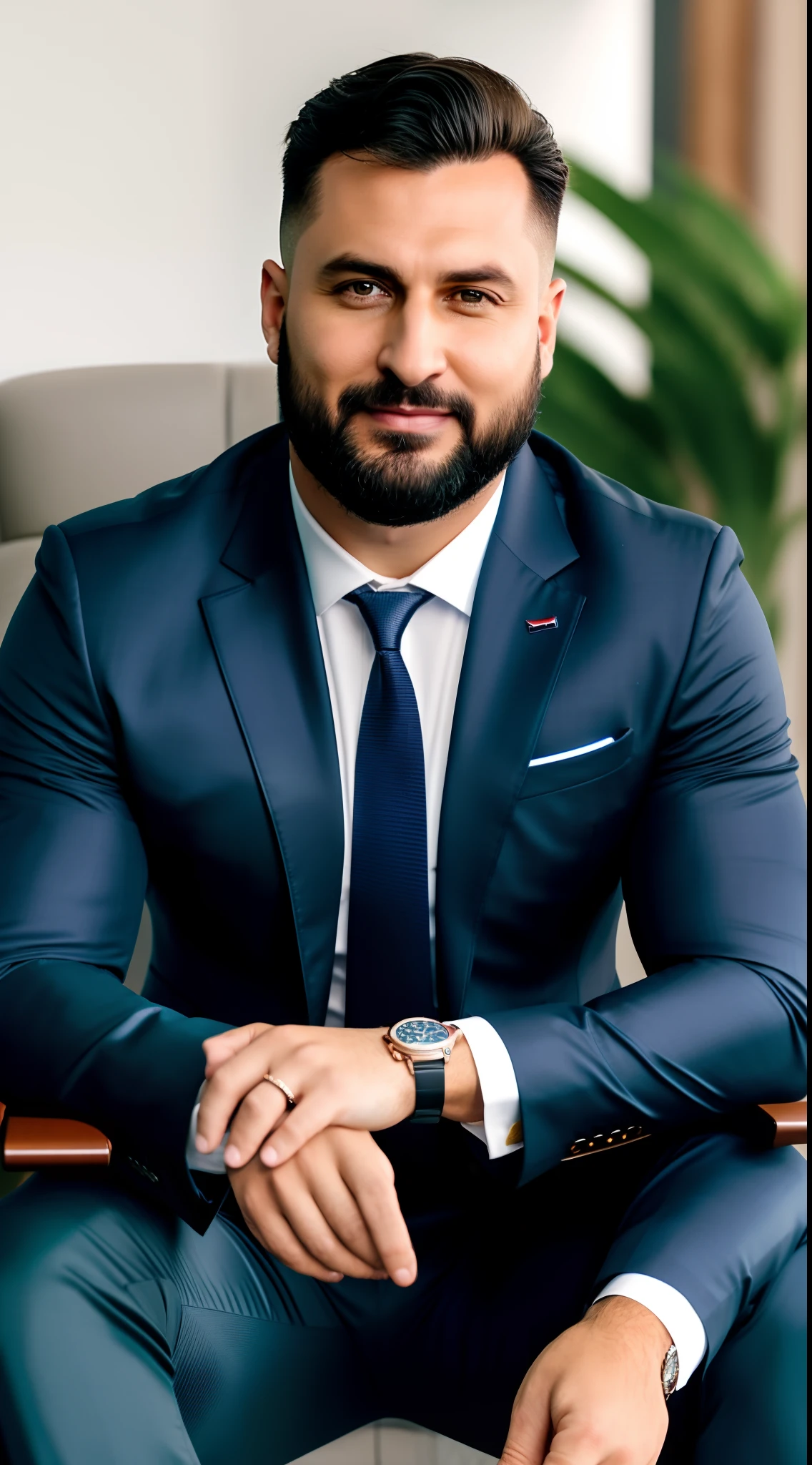 A man in a suit sitting in a chair with a watch on his wrist, Miniatura do YouTube, terno luxuoso, ternos, Terno Elegante, Comercial de TV, academia, roupas sob medida, Luxury Ad, instagram, Aghartha, Astor Alexande, solid background, Ad image, Estilo Corporativo, Directed by: Nandor Soldier, terno de alta qualidade, Background Story