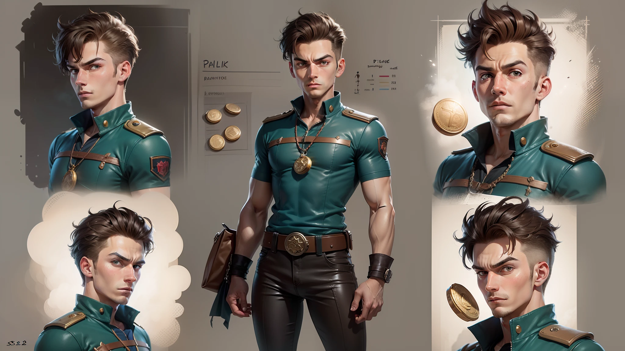 Captain Wallet, man, 21 years old, pixar style, cartoon character, multiple expressions and poses, character sheet, has the power to create magic coins to meet needs and uses his wallet as a powerful weapon against evil, white background --auto --s2