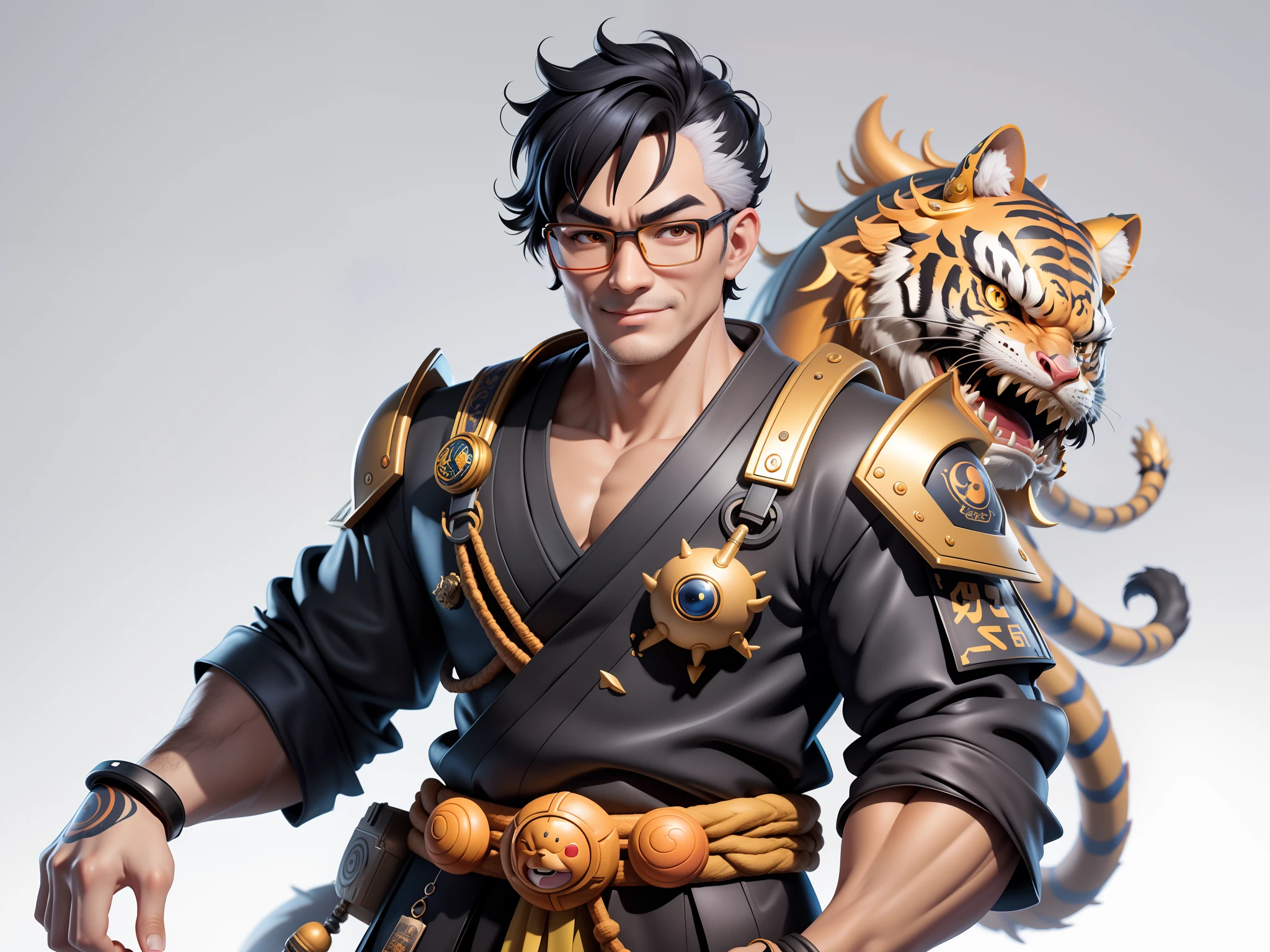 (Masterpiece), (Excellent), (Super Meticulous), (Full Body: 1.2), Super Young Man, Oriental Face, Japanese Samurai, Japanese Samurai Armour, Tiger, TV Anchor, Bust Portrait Illustration, Alone, Black Suit, Blue Tie, Silver Glasses, Slightly Chubby Face, Very Clean Face, No Beard, Black Super Short Hair, Black Eyes, Confident Smile, 3c Computer Sub-Products, iPad, iPhone, Digital Painting, 3D Character Design by Mark Claireden and Pixar and Hayao Miyazaki, The illustration is a high-definition illustration in 4K resolution with very detailed facial features and cartoon-style visuals.