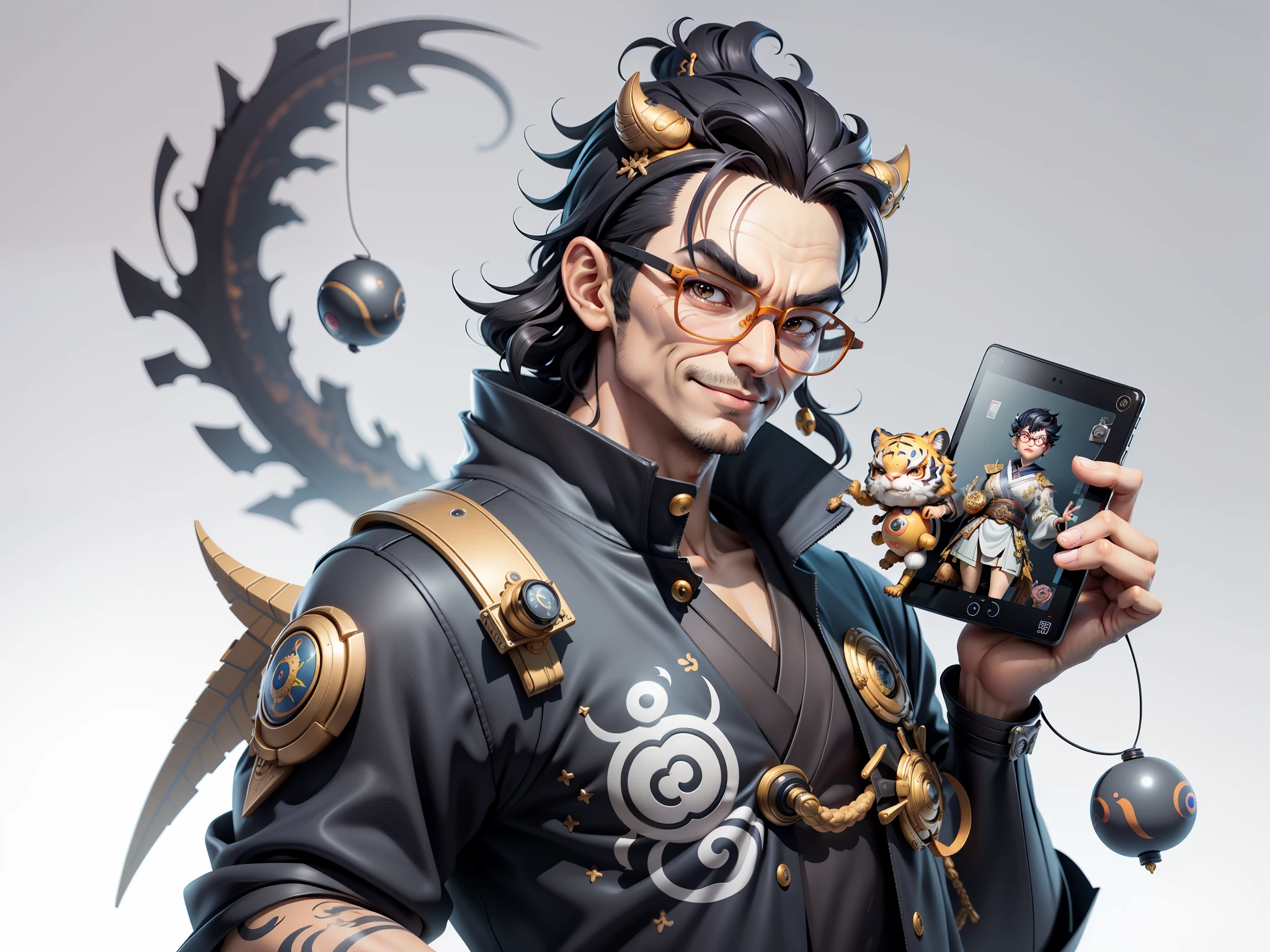 (Masterpiece), (Excellent), (Super Meticulous), (Full Body: 1.2), Super Young Man with Japanese Female Geisha, Pretty, Beautiful, Chinese Dragon, Tiger, Wind God Thor, Sexy, Bursting, Oriental Face, TV Anchor, Bust Portrait Illustration, Black Suit, Blue Tie, Slightly Chubby Face, Silver Glasses, Very Clean Face, No Beard on Chin, Black Super Short Hair, Black Eyes, Confident Smile, 3c Computer Sub-Products, iPad, iPhone, Digital Painting, 3D character design by Mark Clairedon and Pixar and Hayao Miyazaki and Akira Toriyama, the illustrations are HD illustrations in 4K resolution with highly detailed facial features and cartoon-style visuals.
