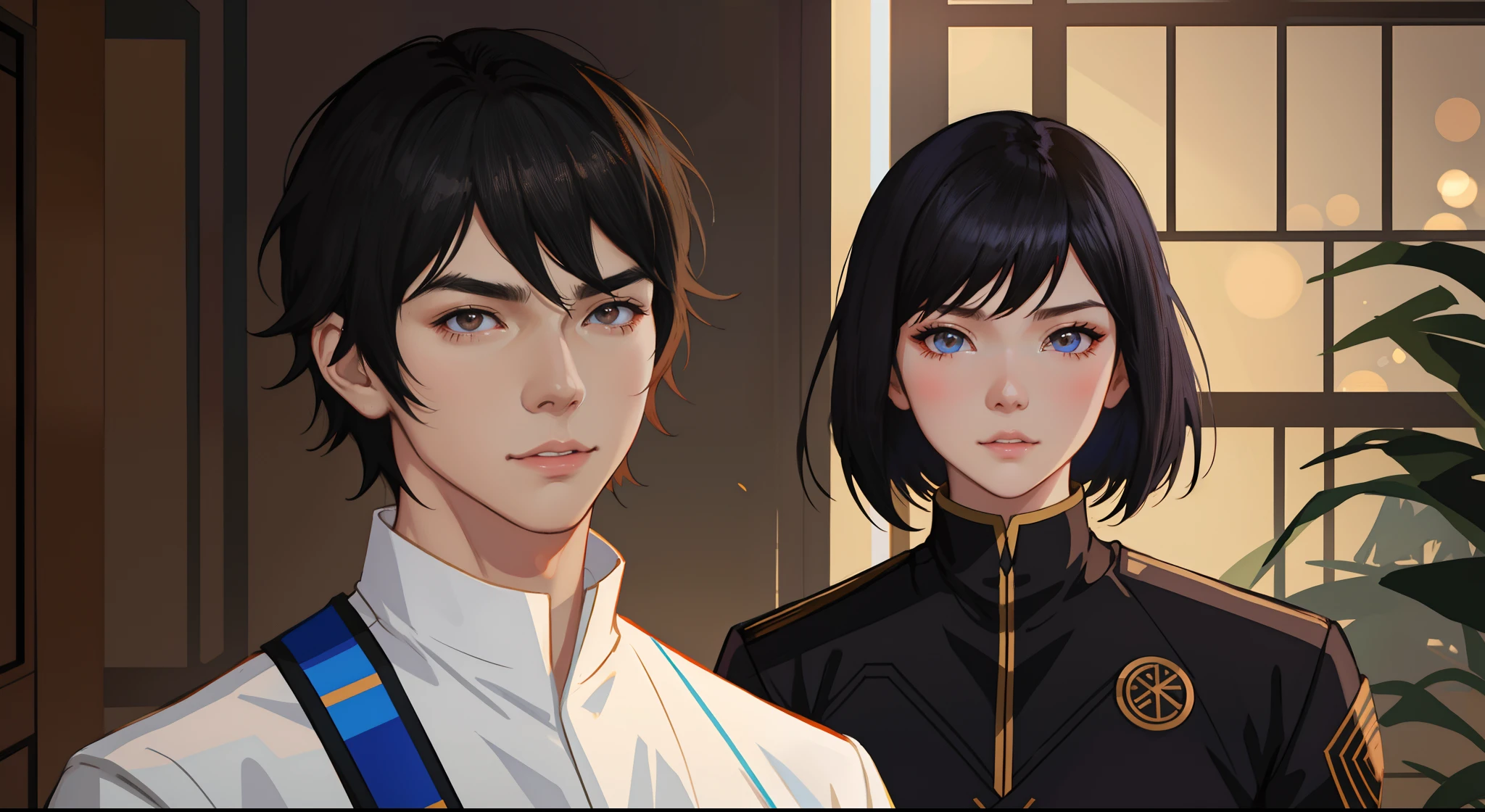 There is a man and a woman standing in a room, Obras de arte al estilo de Guweiz, Ross Tran e Ilya Kuvshinov, Ross Tran y Bayard Wu, Nick Silva e Ilya Kuvshinov, Estilo Ross Tran, 8K Artgerm Bokeh, Guweiz, Al estilo de Ross Tran, Retrato de RossDraw