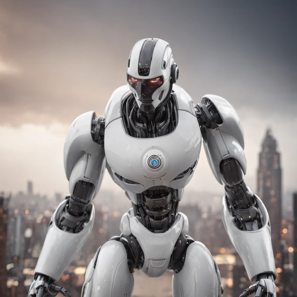 A robot in a futuristic city holding a kettlebell to the ground