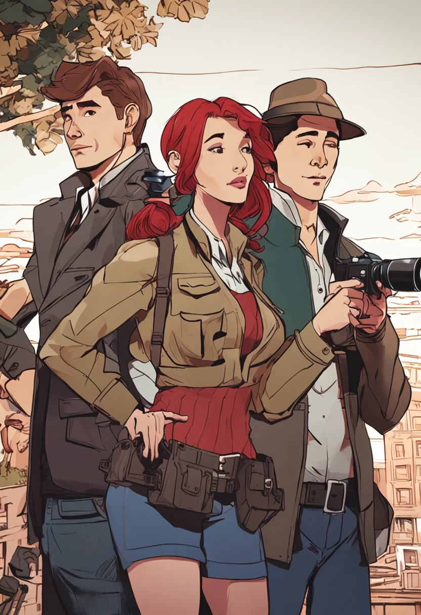 a group of 3 people, one a female detective red hair, a photographer male and another male detective holding a camera. De cima, ((melhor qualidade)), ((masutepiece)), (Detalhes)