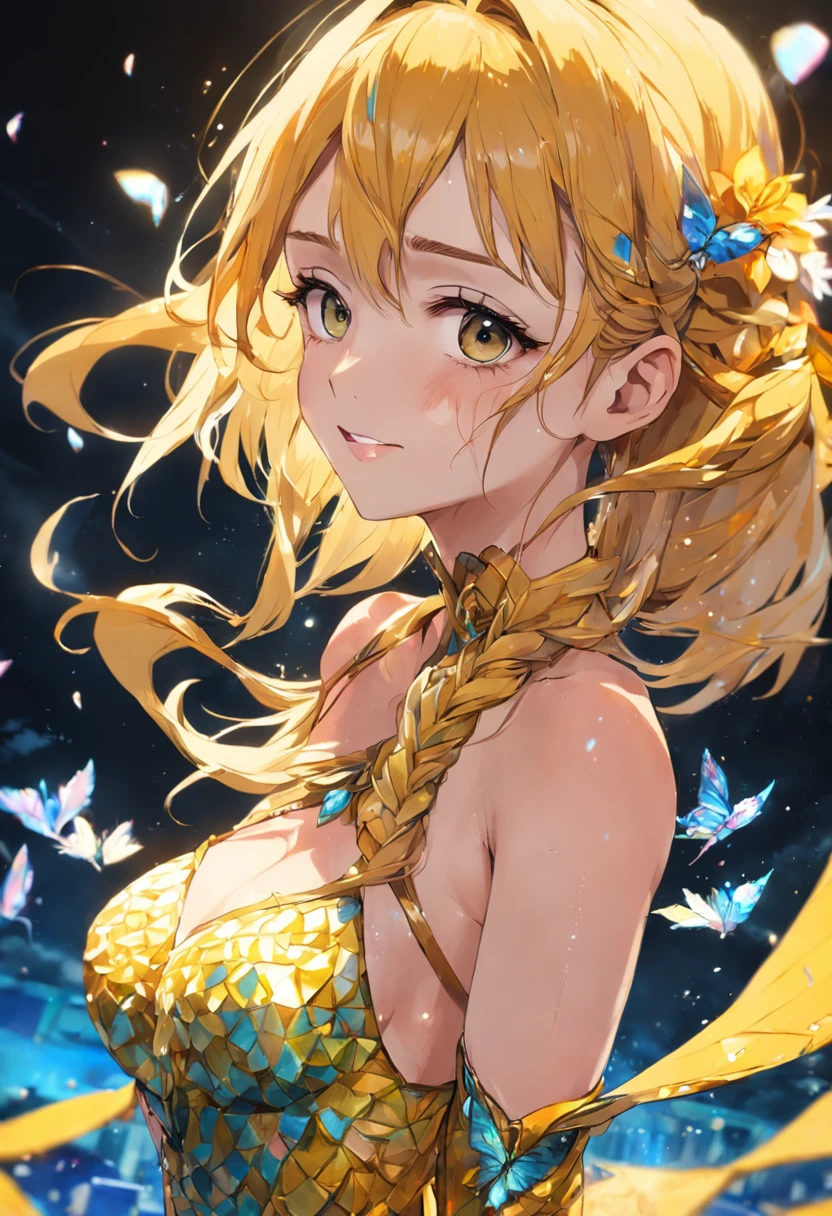 Mulher de 20 anos, Yellow fishtail blade, olhos expressivos, Sorriso, maquiagem, Cilia, nariz, Neck strap, Lindo ombro cheio, Contra o fundo de enormes flores brilhantes, (mosaico:1.2), (Vidro veneziano:1.7), (illustration, Pintura, オイル, guache, EUA:0.5), O estilo de Amy Earls
