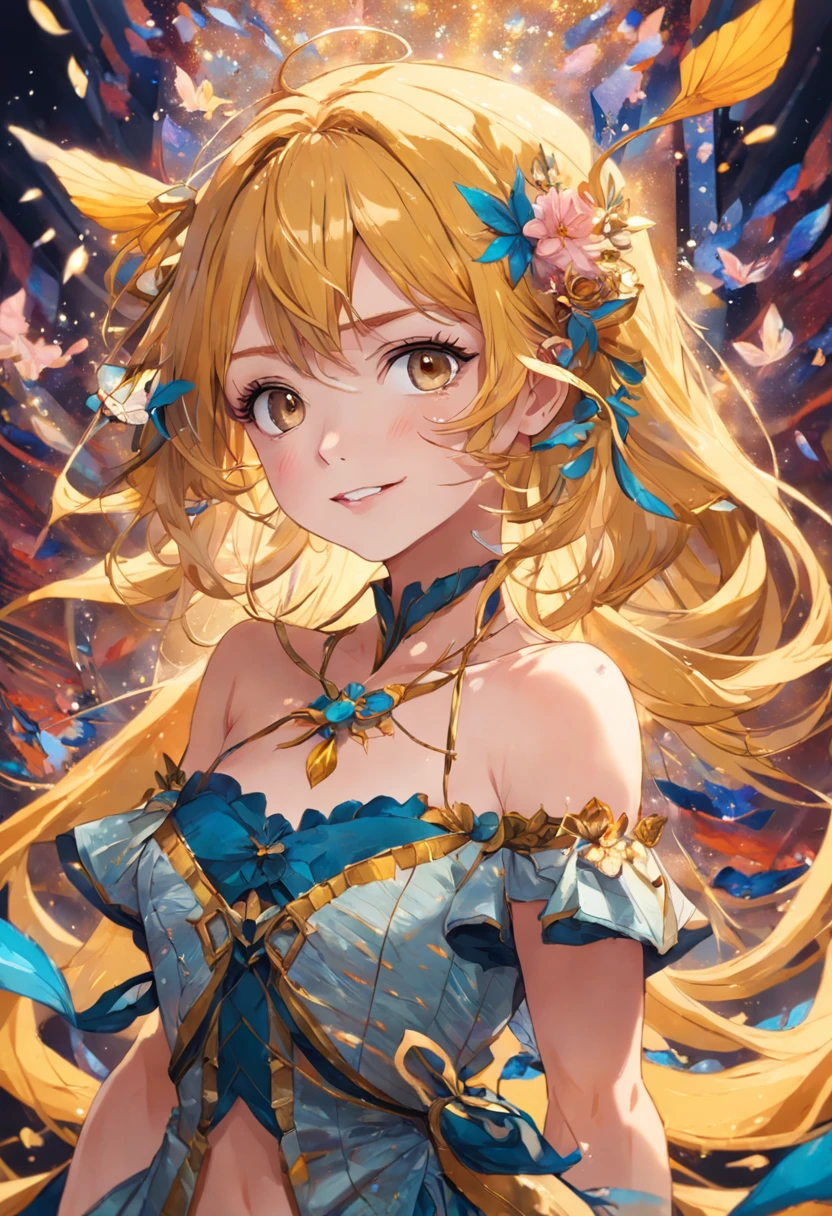 Mulher de 20 anos, Yellow fishtail blade, olhos expressivos, Sorriso, maquiagem, Cilia, nariz, Neck strap, Lindo ombro cheio, Contra o fundo de enormes flores brilhantes, (mosaico:1.2), (Vidro veneziano:1.7), (illustration, Pintura, オイル, guache, EUA:0.5), O estilo de Amy Earls