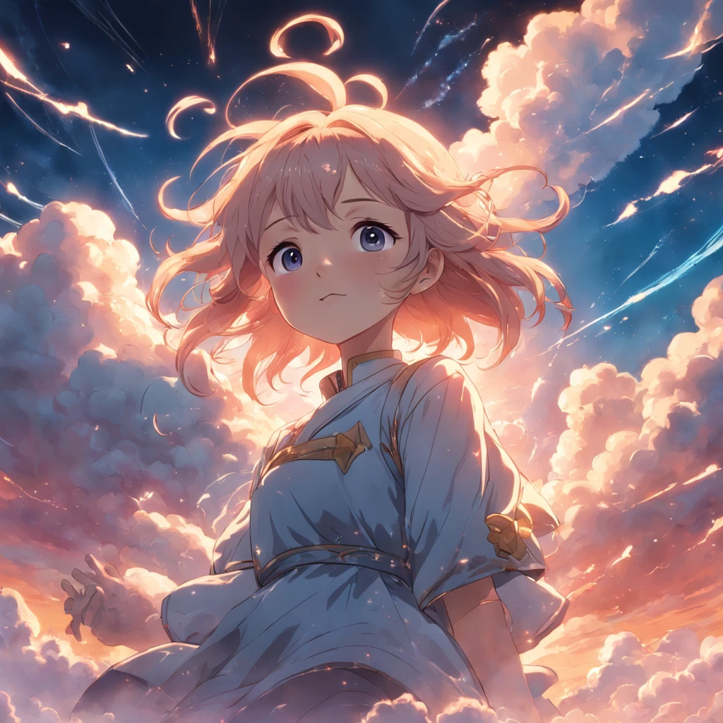 masterpiece, best quality, movie still, 1girl, cloud girl, floating in the sky, close-up, bright, happy, warm soft lighting, sunset, (sparks:0.7)