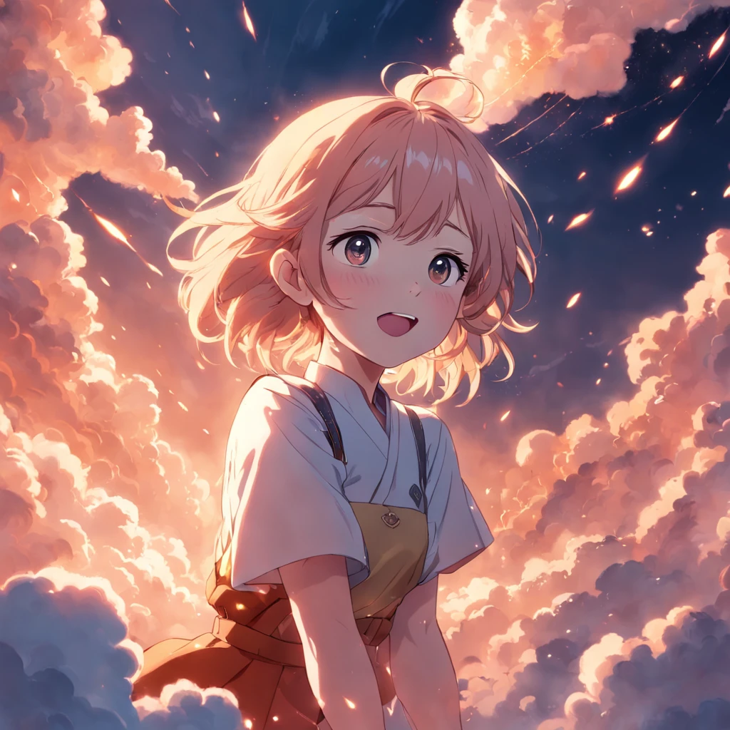 masterpiece, best quality, movie still, 1girl, cloud girl, floating in the sky, close-up, bright, happy, warm soft lighting, sunset, (sparks:0.7)