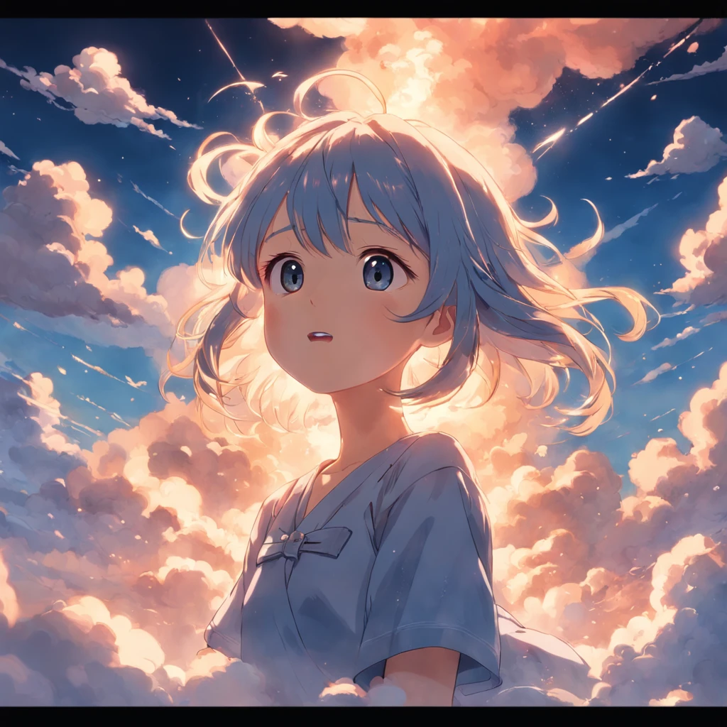 masterpiece, best quality, movie still, 1girl, cloud girl, floating in the sky, close-up, bright, happy, warm soft lighting, sunset, (sparks:0.7)