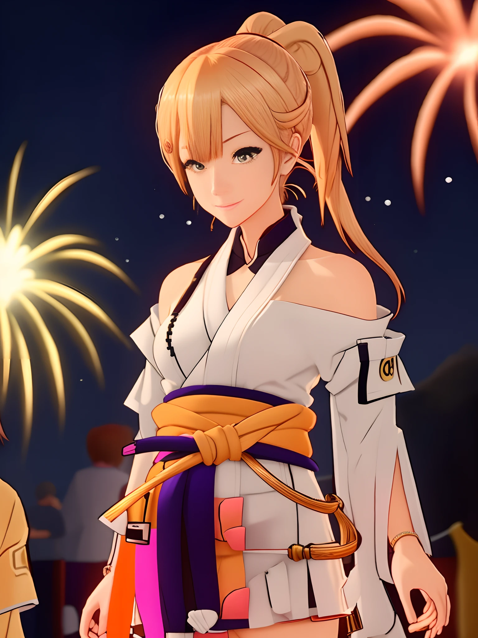 Yellow hair high ponytail orange kimono bandage bandage Genki girl fireworks festival