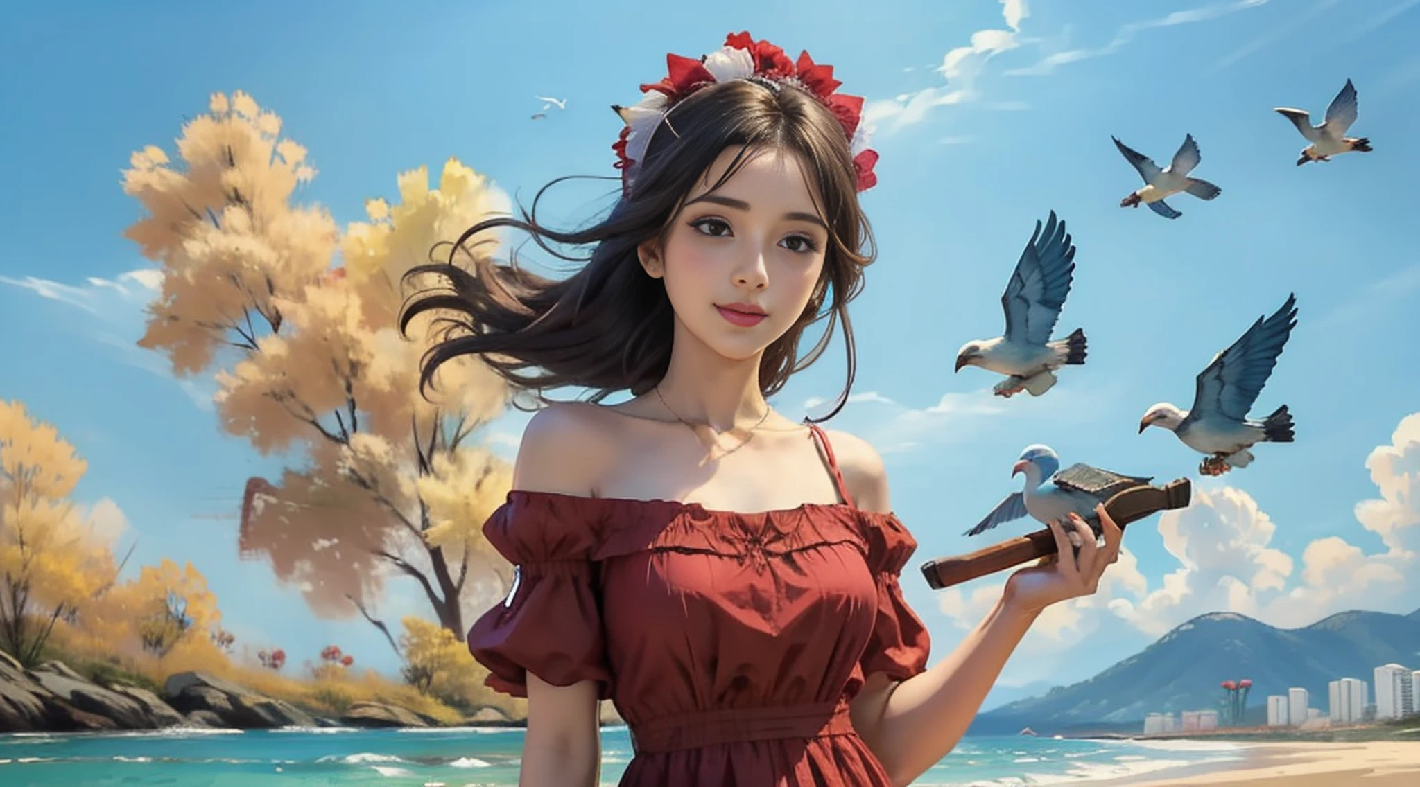 1 girl, cabelo preto longo, com vestido de tule vermelho, embelezamento de lantejoulas douradas nas roupas, blue skies and white clouds, pequeno rio, grama, veado (close-up), birds singing happily, coelhos brincando, riacho, the image is simple. @Vlademir Bernardes