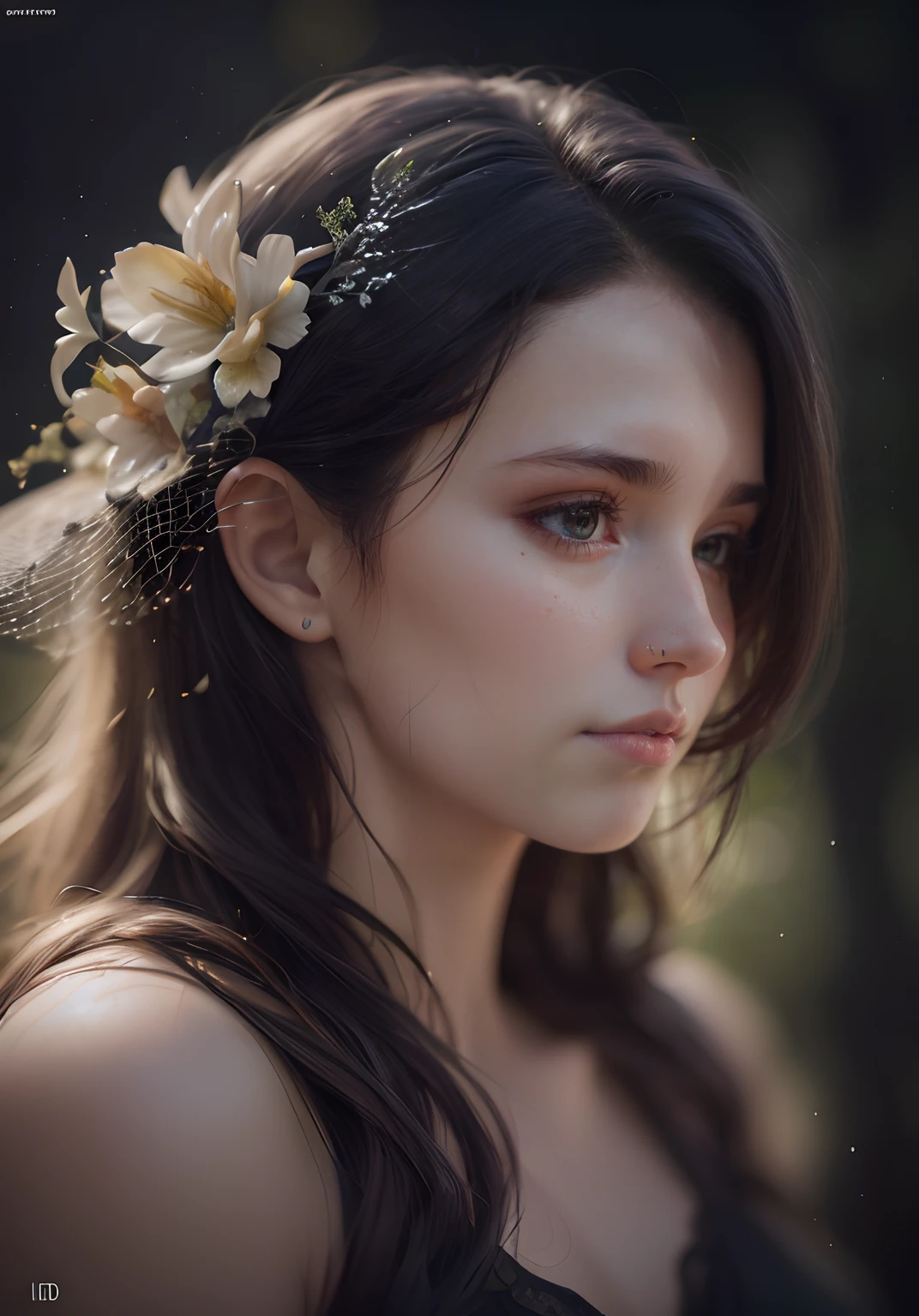 close up photo of a 30 y.o. woman, forest, haze, halation, bloom, dramatic atmosphere, centred, rule of thirds, 200mm 1.4f macro shot, (natural skin texture, hyperrealism, soft light, sharp:1.2), (intricate details:1.12), hdr, (intricate details, hyperdetailed:1.15), art by greg rutkowski and artgerm, soft cinematic light, adobe lightroom, photolab, hdr, intricate, highly detailed, (depth of field:1.4)