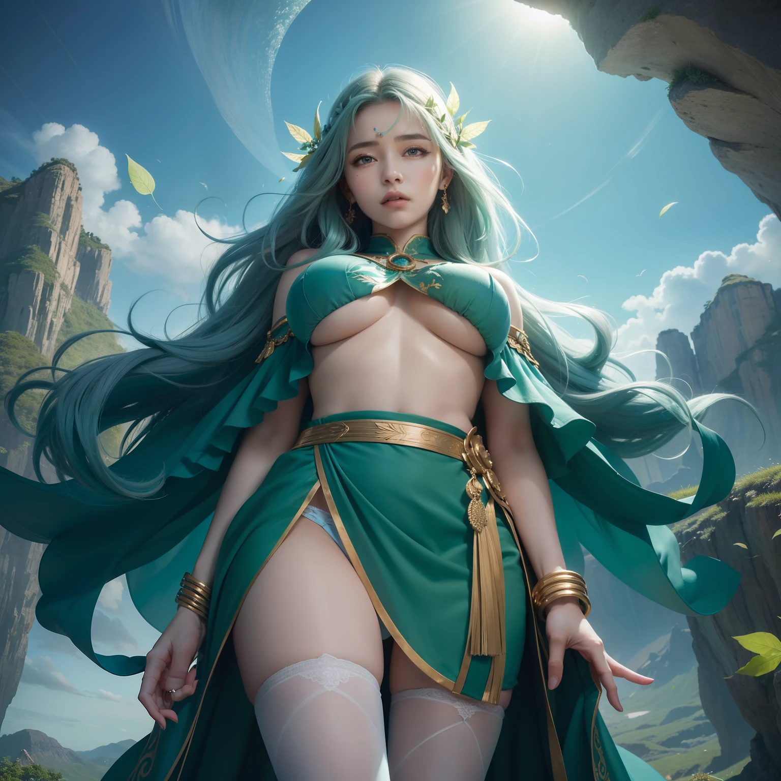 (masterpiece, 8k, best quality), photorealistic, cinematic, dynamic background, 1 girl, realistic green hair, (((close-up shot, from below))), (head to toe visibility), perfect anatomy, curvaceous body, alluring, perfect eyes, perfect hands, perfect eyes, detailed eyes, large breasts, round ass, long round legs, ((panty slightly showing, underboobs)), in a realm where nature and magic entwine, envision a captivating tableau: a female wind magician stands poised upon the precipice of a majestic mountain cliff, her presence is an ethereal melody, her flowing emerald-green hair mirroring falling leaves, while a billowing cape – a symphony of cerulean and turquoise adorned with cloud-like embroidery – cascades from her shoulders, azure eyes hold the secrets of skies, and a simple circlet graces her forehead, suggesting a connection to the winds themselves, with an outstretched hand, she conjures a gentle whirlwind, (((leaves spiraling within it))), an ode to her mastery; above, the canvas of sky and clouds blends seamlessly with her attire, mirroring the serenity and dynamism she commands, this tableau forms where the mountain cliff, the winds, the leaves, and she herself harmoniously become one