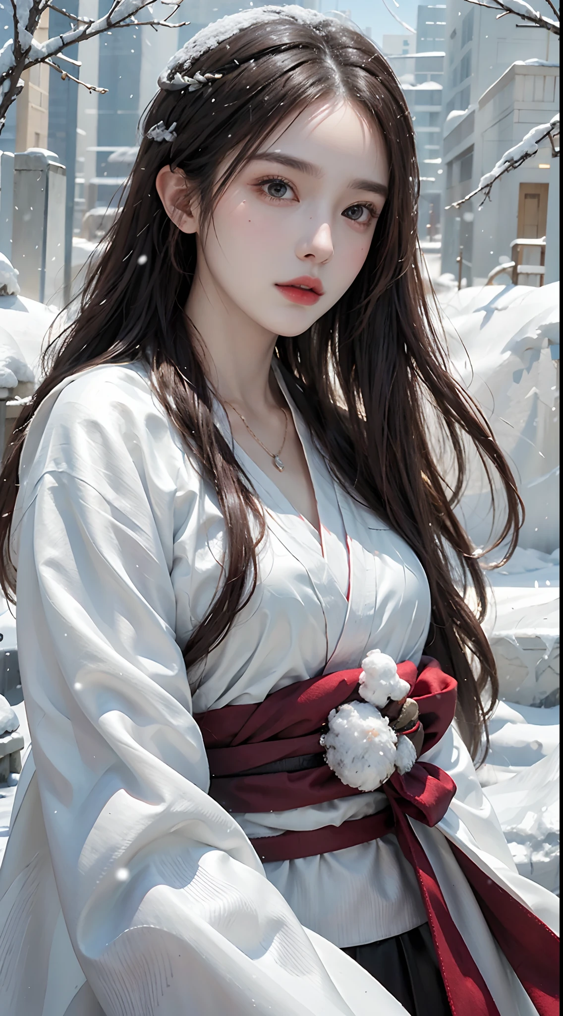 masterpiece, best quality, realistic, 8k, official art, cinematic light, ultra high res, 1girl, day, sunlight, light on face, (white hanfu), (Winter hanfu:1.2), (cloak:1.2), (snow:1.3),(upper body)
 French twist, jewelry ,necklace , Appalachian