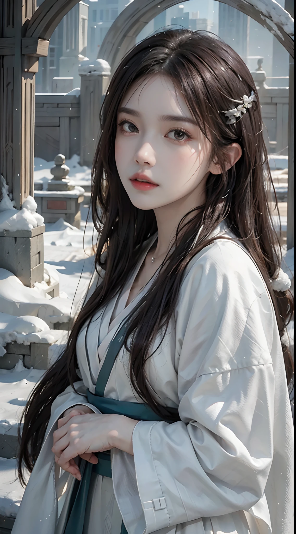 masterpiece, best quality, realistic, 8k, official art, cinematic light, ultra high res, 1girl, day, sunlight, light on face, (white hanfu), (Winter hanfu:1.2), (cloak:1.2), (snow:1.3),(upper body)
French twist, jewelry ,necklace , Appalachian