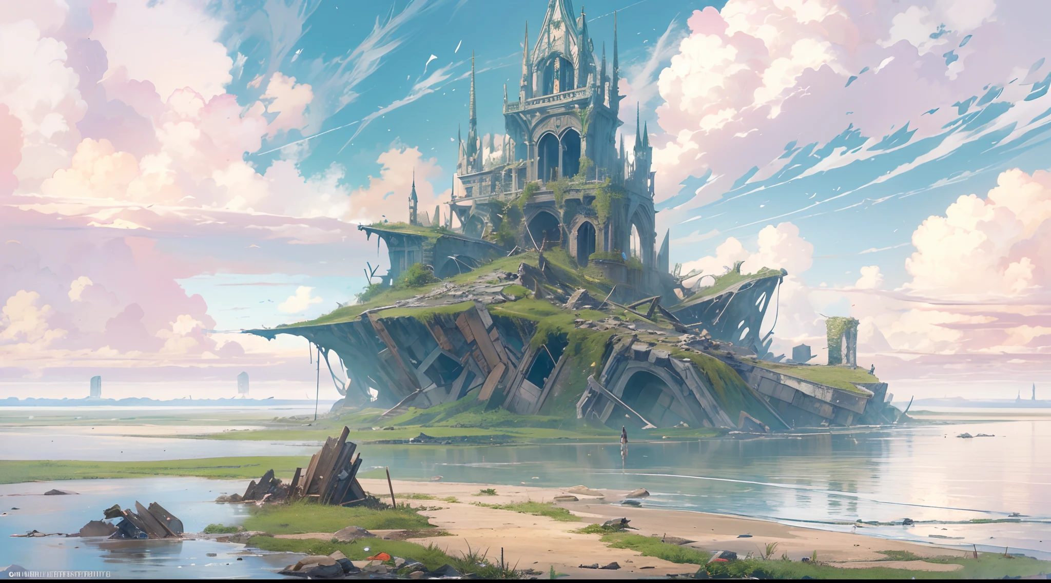 (by Greg Rutkowski: 1.2), (masterpiece), (best quality), extremely delicate and beautiful, illustration, (fantasy landscape), A mesmerizing fantasy landscape with enchanting elements blending seamlessly. (Majestic collapse ruin on the ocemost submerge), The sky is awash with hues of blue with view clouds. A sense of tranquility and wonder fills the air, inviting exploration and discovery, depth of field, HDR, intricate, delicate