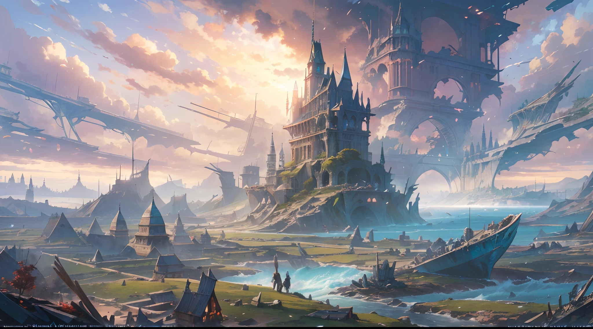 (by Greg Rutkowski: 1.2), (masterpiece), (best quality), extremely delicate and beautiful, illustration, (fantasy landscape), A mesmerizing fantasy landscape with enchanting elements blending seamlessly. (Majestic collapse ruin on the ocemost submerge), The sky is awash with hues of blue with view clouds. A sense of tranquility and wonder fills the air, inviting exploration and discovery, depth of field, HDR, intricate, delicate