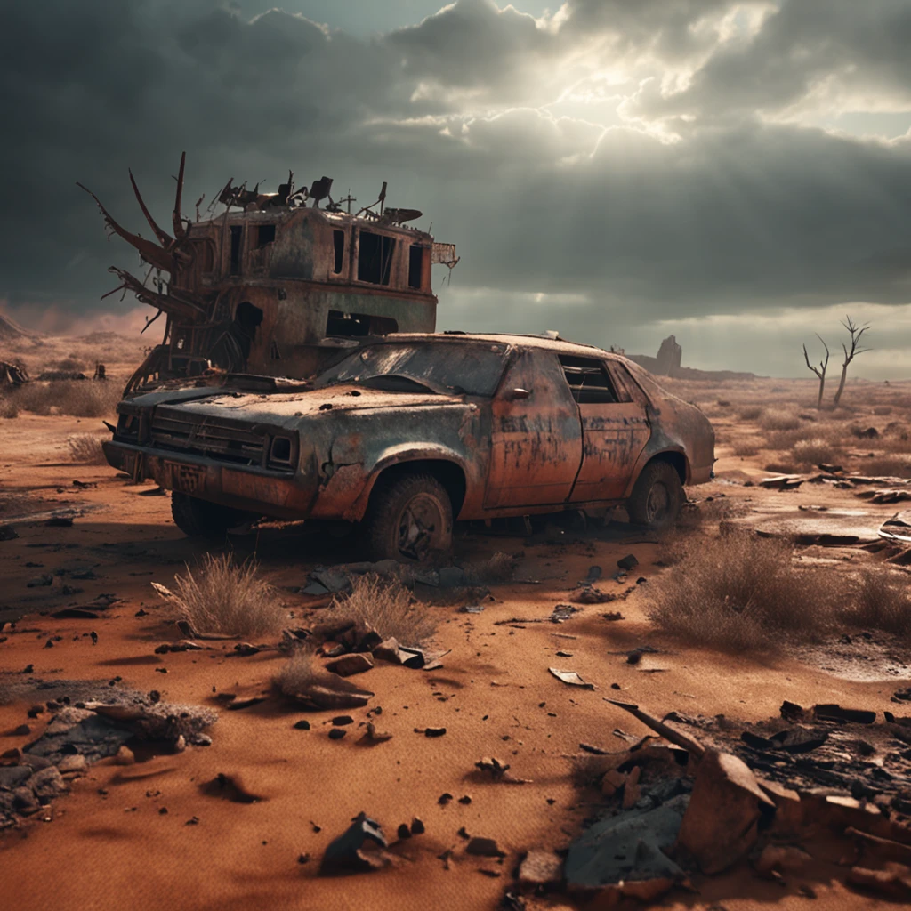 The once smooth parking lot is now a wreckage, the aftermath of some cataclysmic disaster. Cracked pavement and upturned slabs create an uneven landscape. The painted lines denoting parking spots are faded and barely visible through accumulated dirt and debris.
Derelict vehicles are haphazardly strewn about, rusting and covered in layers of dust. Shattered glass, shredded tires, and twisted hunks of metal tell the story of destruction. Overturned cars lie on their roofs like beetles with their underbellies exposed.
The sturdy brick sign still stands but the corporate logo is broken and the name Cyberdyne Systems is missing letters. The sleek modern building behind is a gutted shell, with blown out windows and blackened scorch marks along the facade.
The trees that once lined the perimeter are either toppled over, nothing but charred trunks, or bent and deformed like gnarled witchfingers clawing upwards. The landscaping is barren soil scattered with ashes and rubble.
Absolute stillness pervades. No rumble of engines or worker conversations. Instead, there's an eerie silence, punctuated by the lonely groan of metal when a ruined car shifts or settles. The parking lot stands devoid of life amidst the aftermath of armageddon.